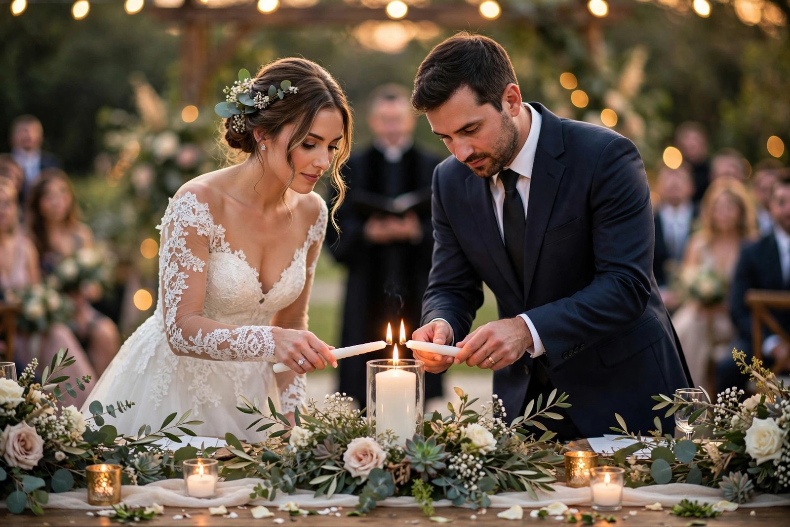 Bride and groom lighting a unity candle together during the ceremony