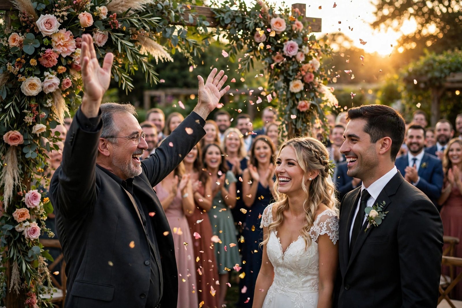 Officiant presenting the newly married couple as guests applaud
