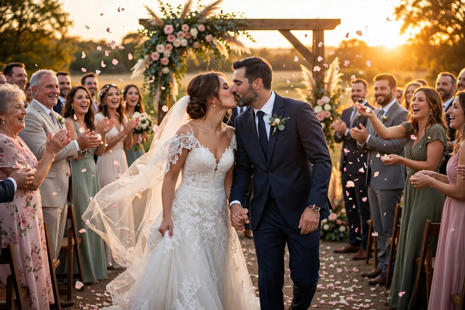 Newly married couple walking down the aisle as guests throw petals