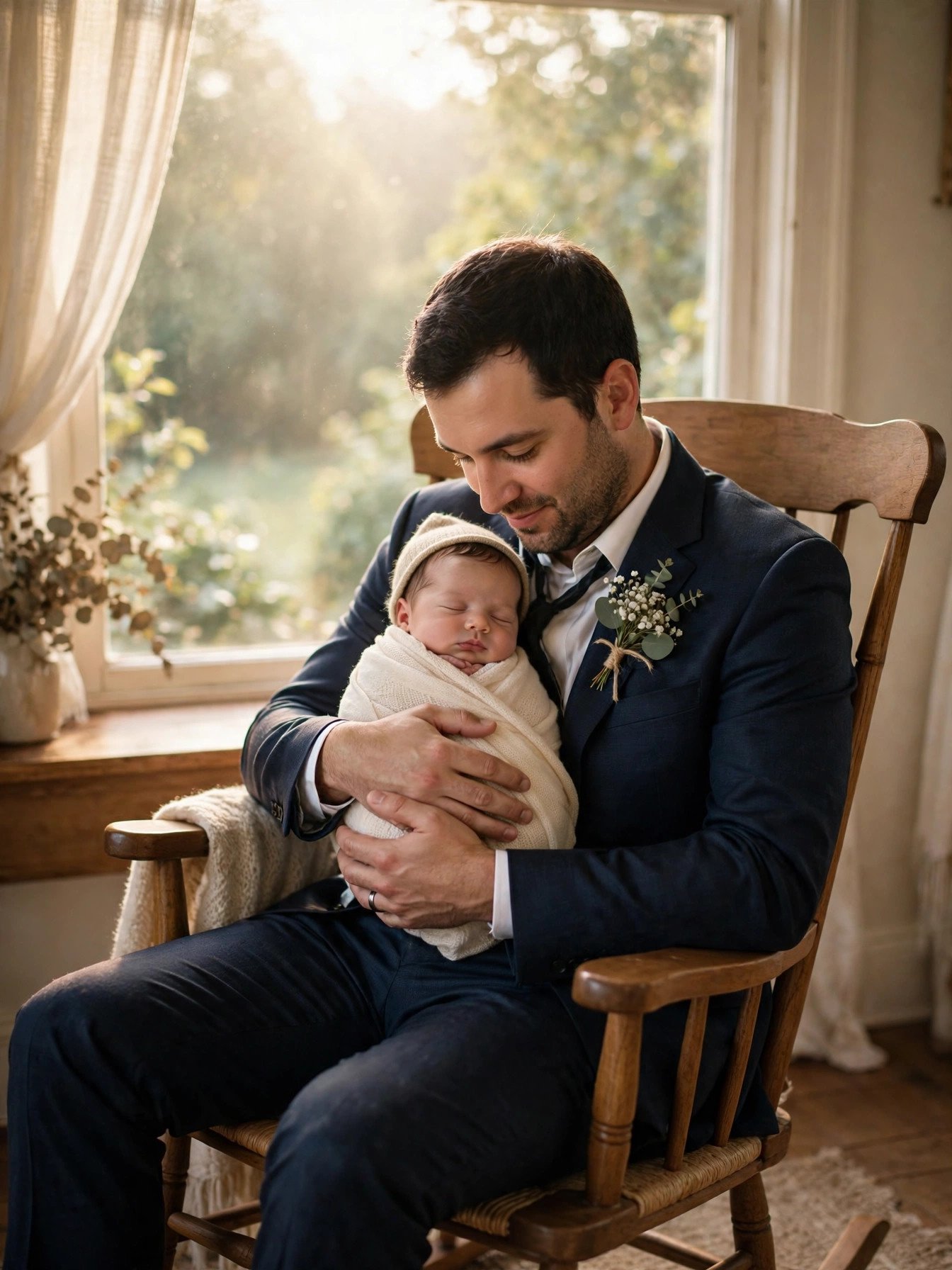 Father holding his newborn baby son by a bright window