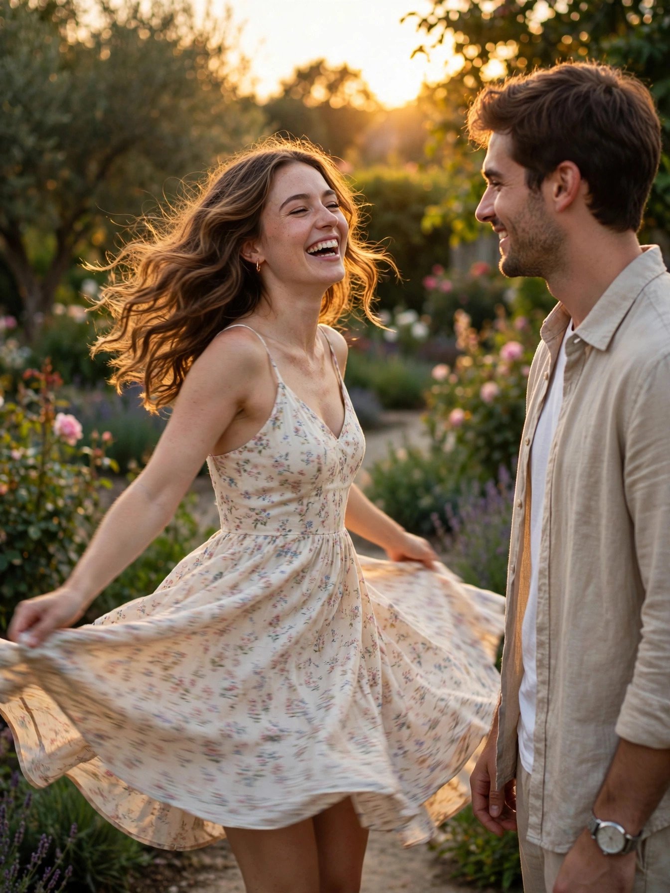 Young couple in love laughing together in a golden hour garden