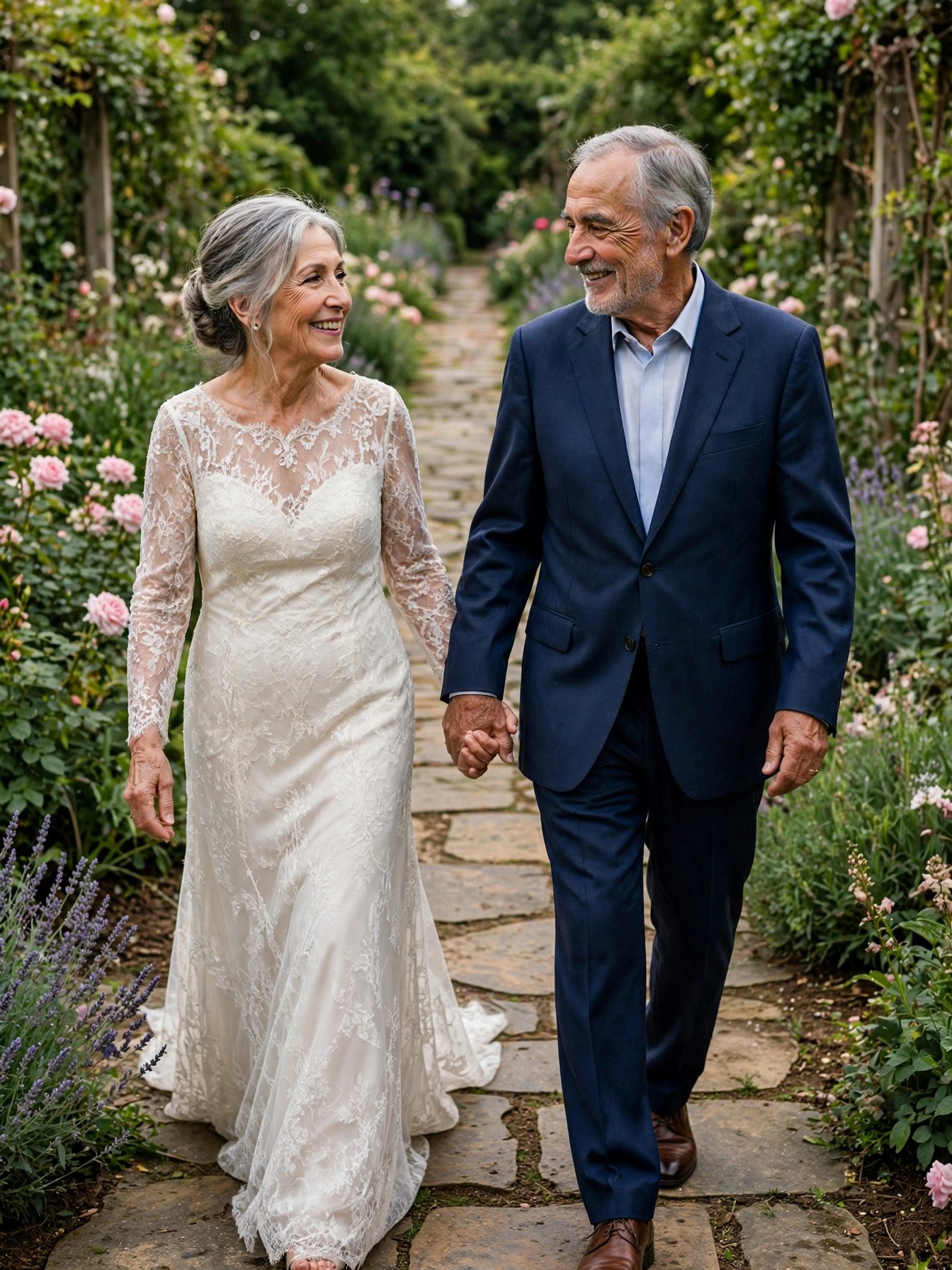 Older married couple holding hands walking down a garden path