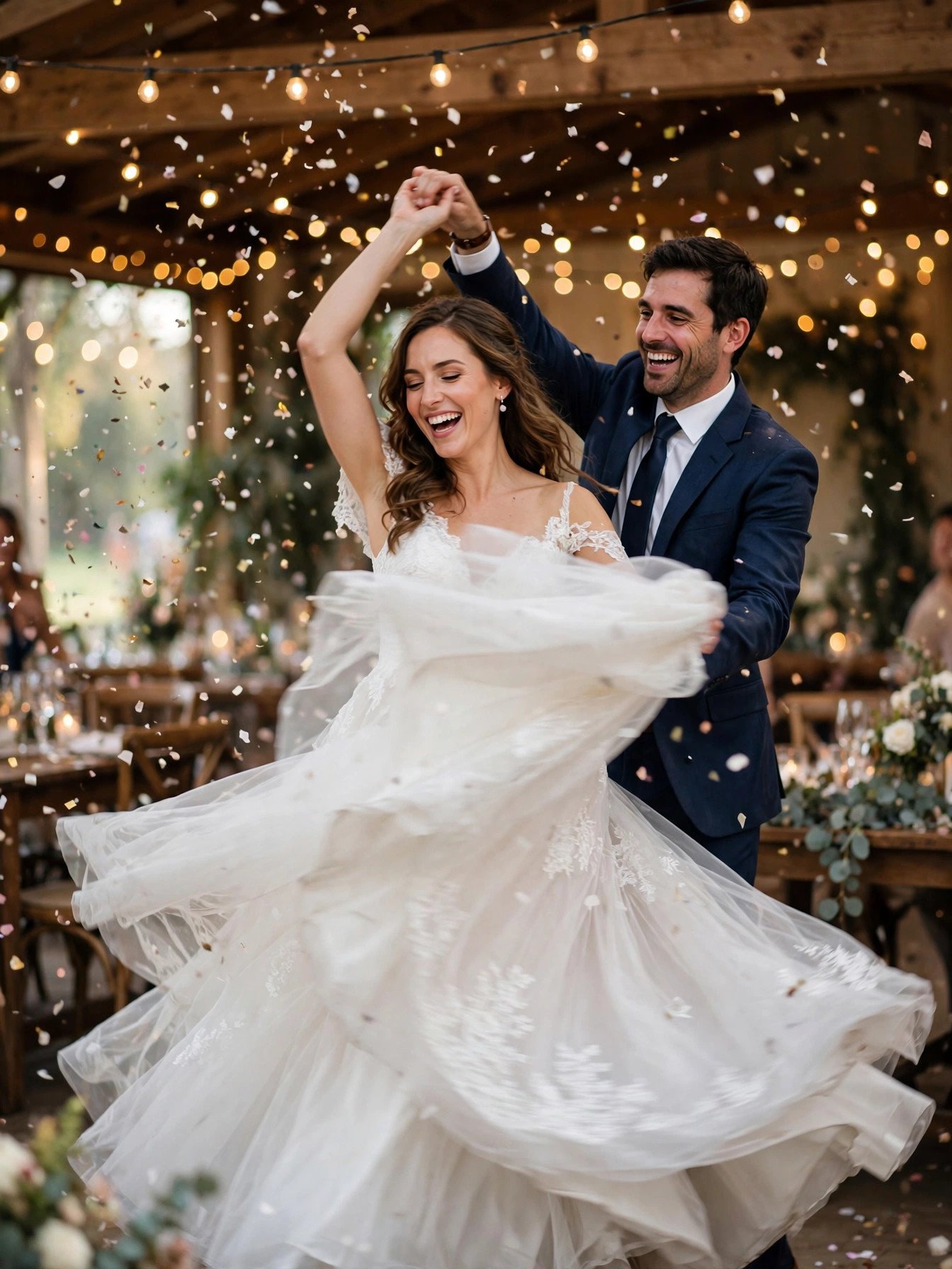 Joyful wedding couple dancing under warm string lights at their reception