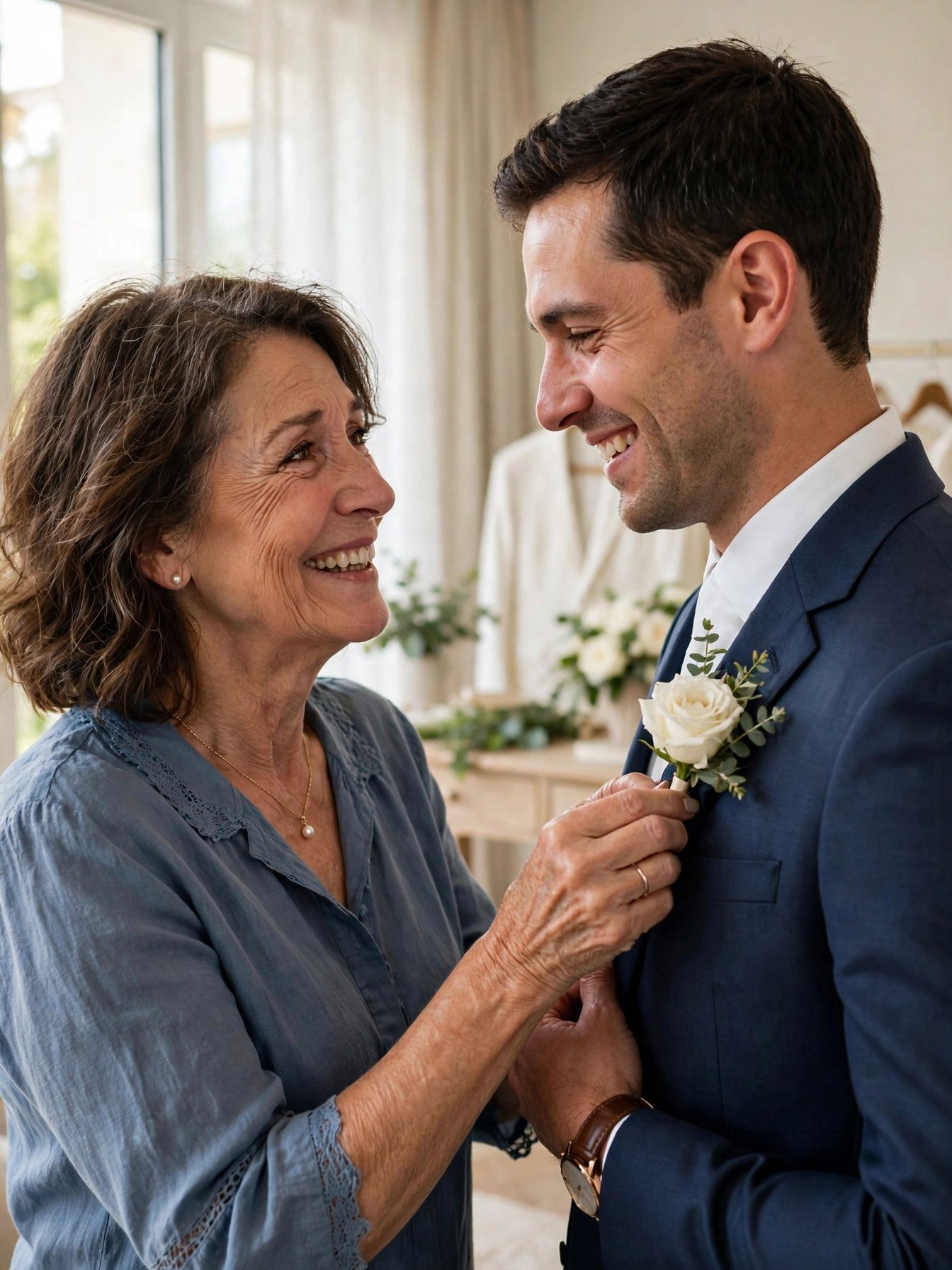 Mother pinning a white rose boutonniere on her adult son's wedding suit