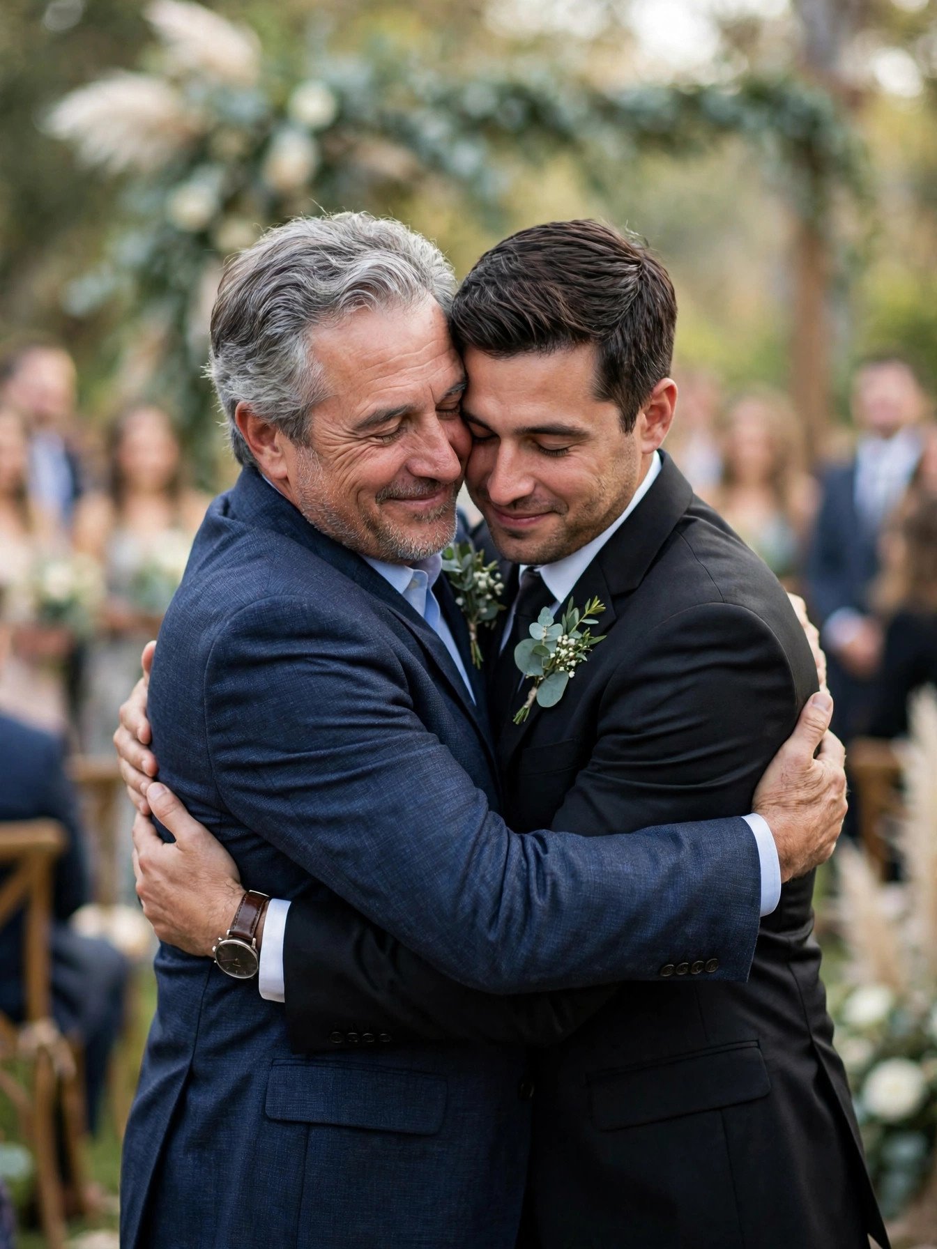 Father hugging his grown son in a wedding suit at the ceremony