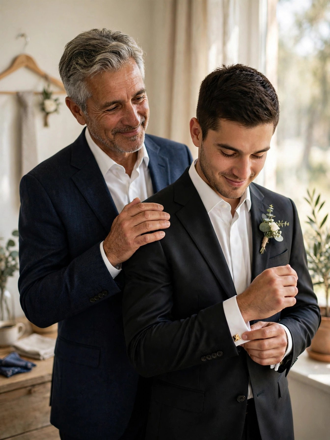 Father placing his hand on his grown son's shoulder on the wedding morning
