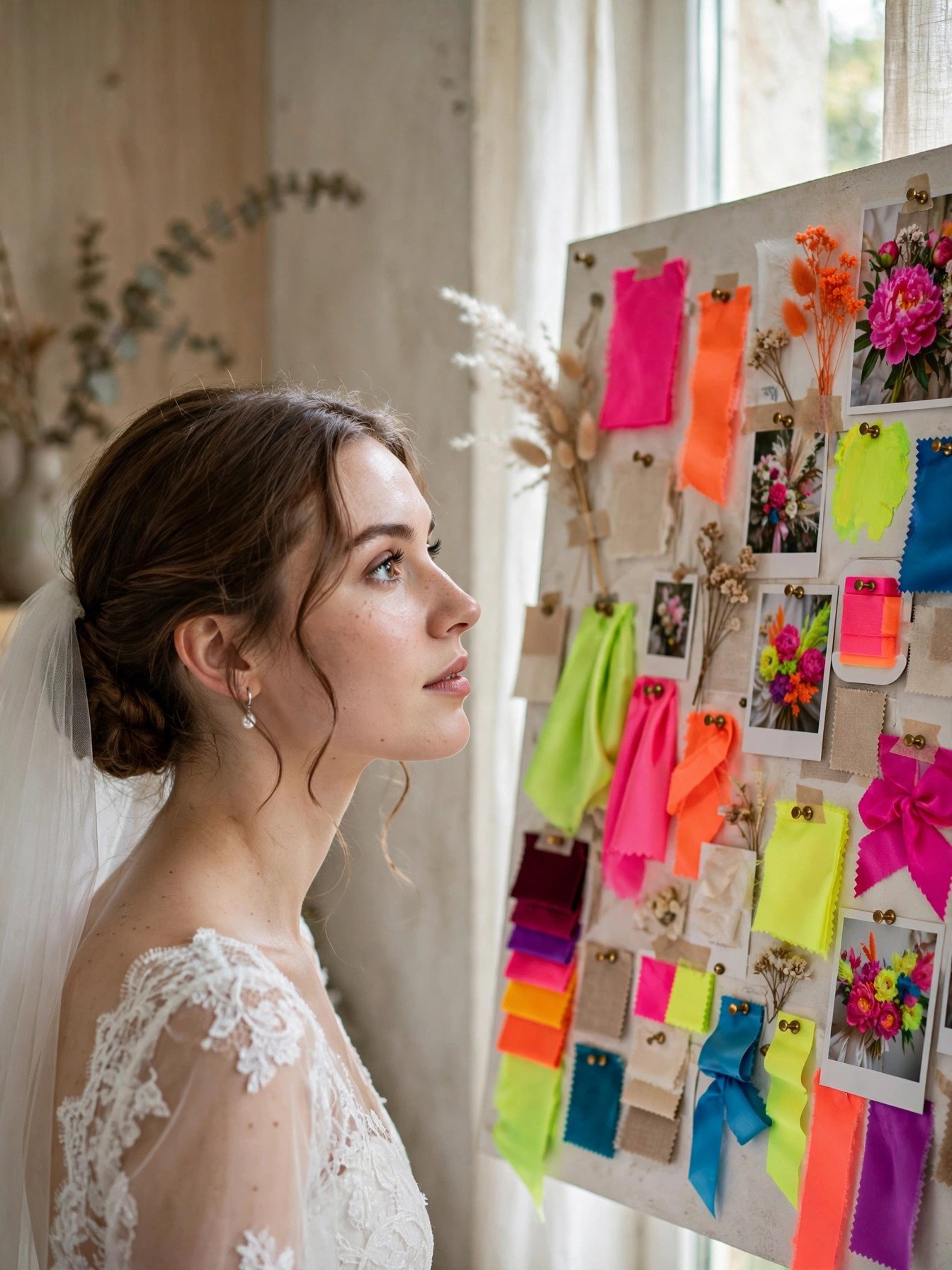 Bride studying a trendy wedding mood board full of neon color swatches