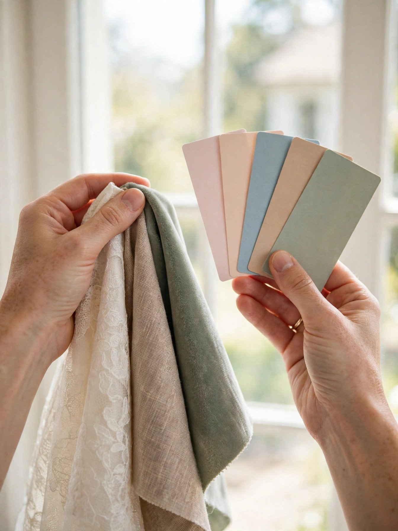Hands holding wedding fabric swatches up to bright daylight by a window