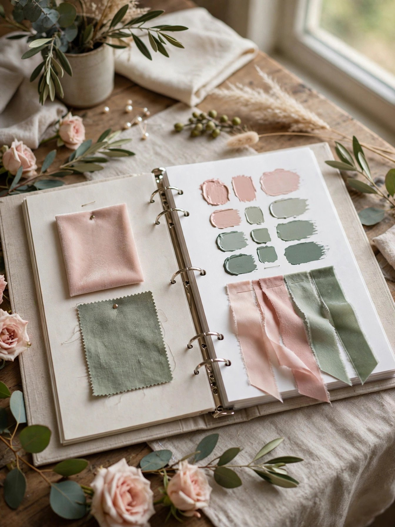 Wedding planning binder with coordinated color palette swatches and samples