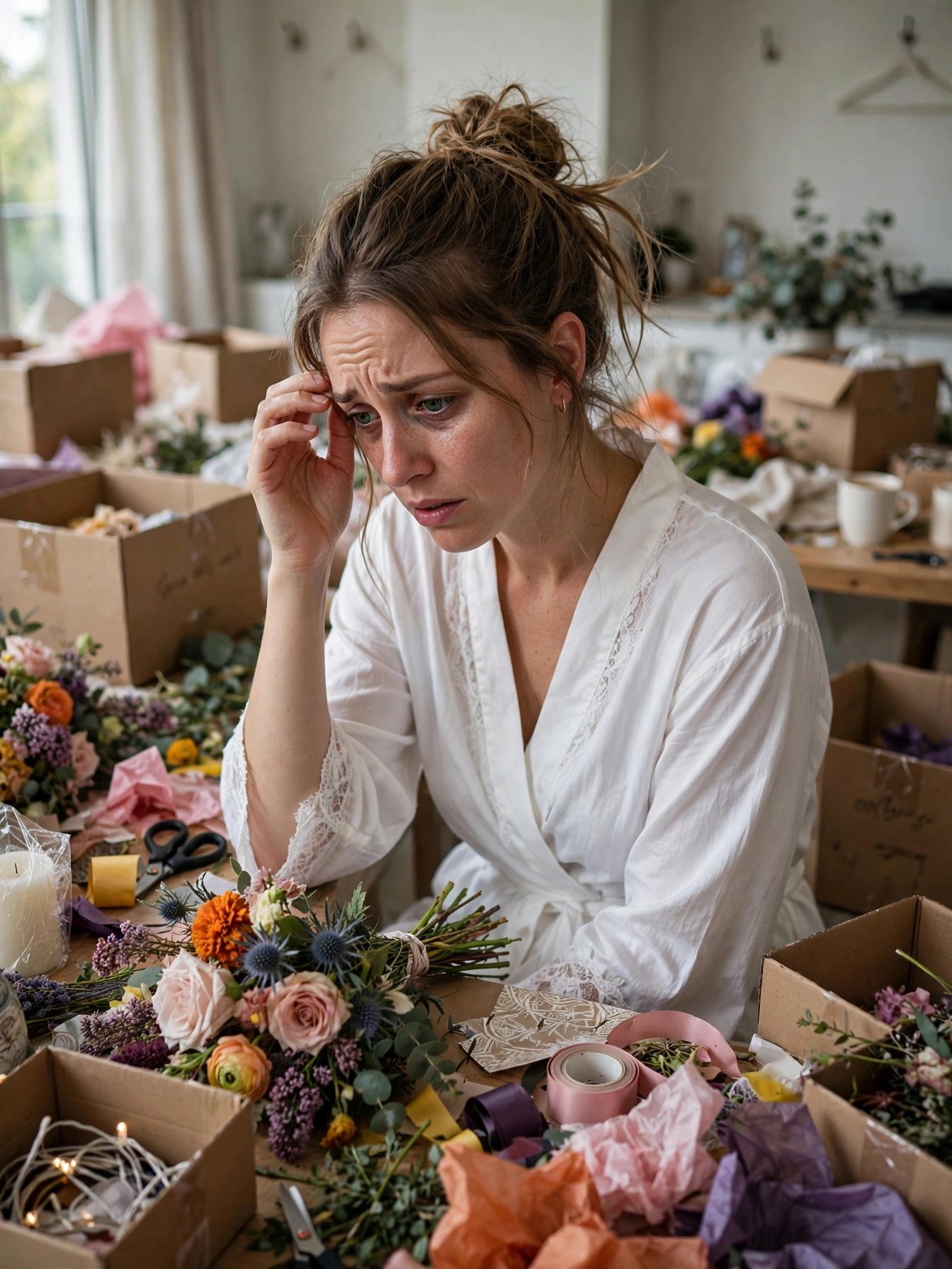 Stressed bride surrounded by last-minute decor boxes with mismatched colors