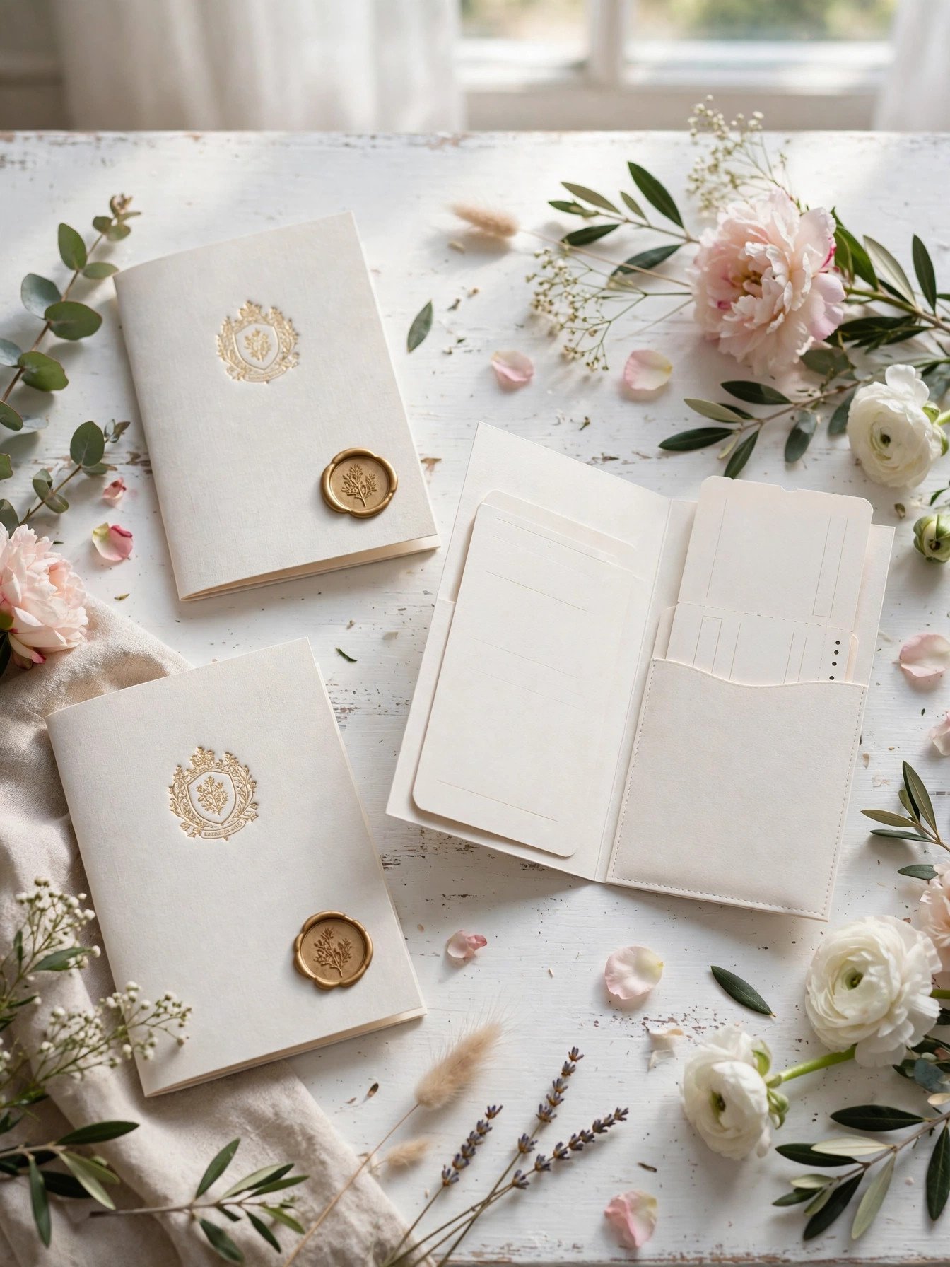 Passport style bridal shower invitations with boarding pass inserts