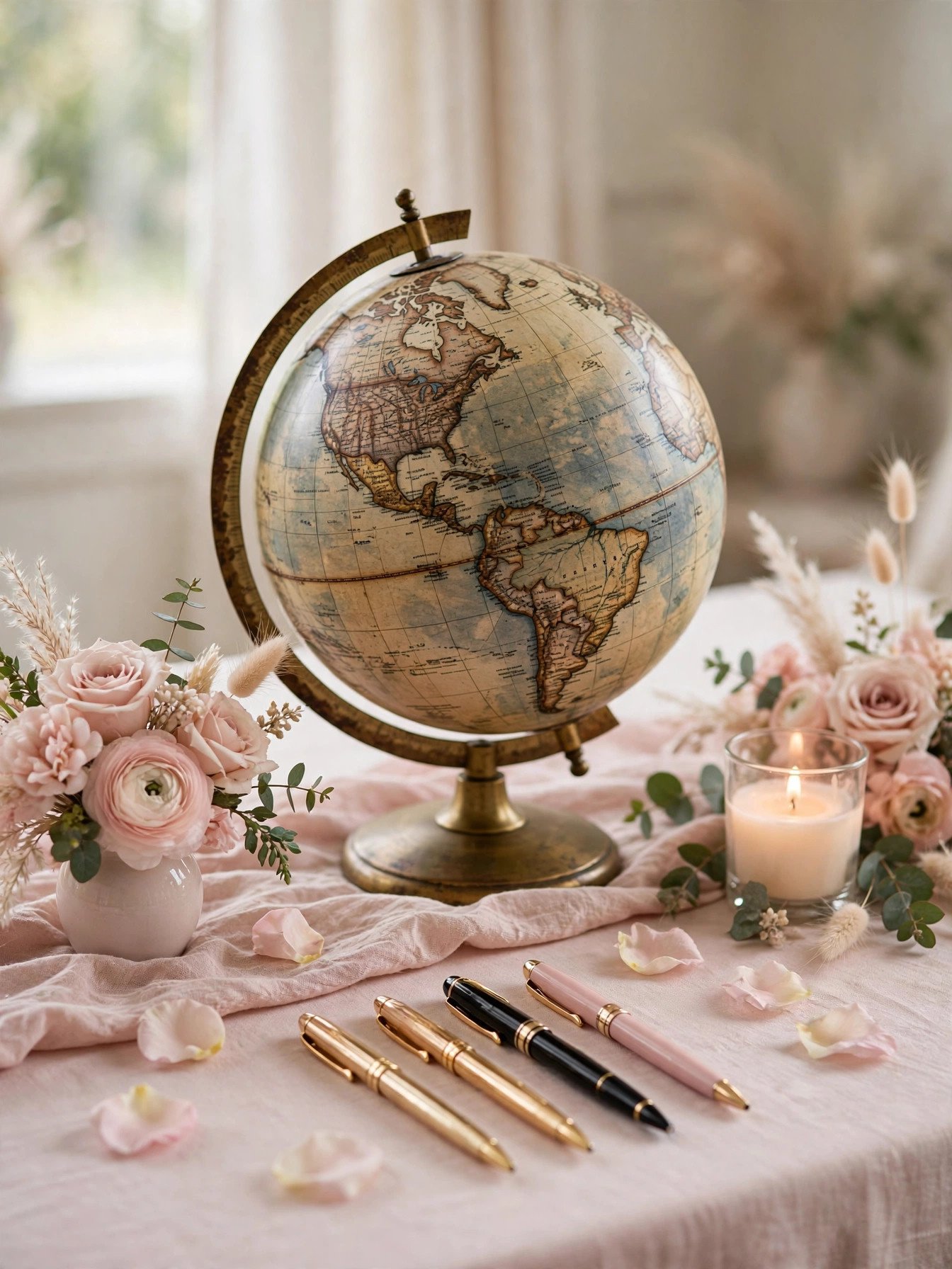 Vintage globe guest book with pens at a travel themed bridal shower