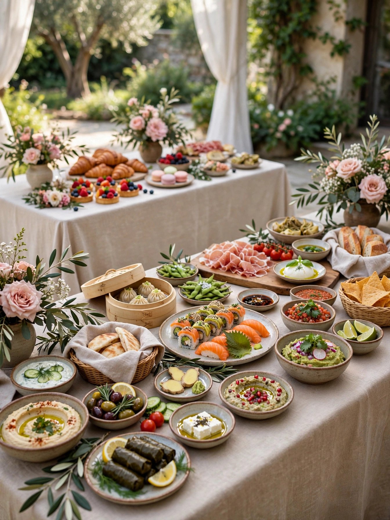 Destination food stations with international dishes at a travel themed bridal shower