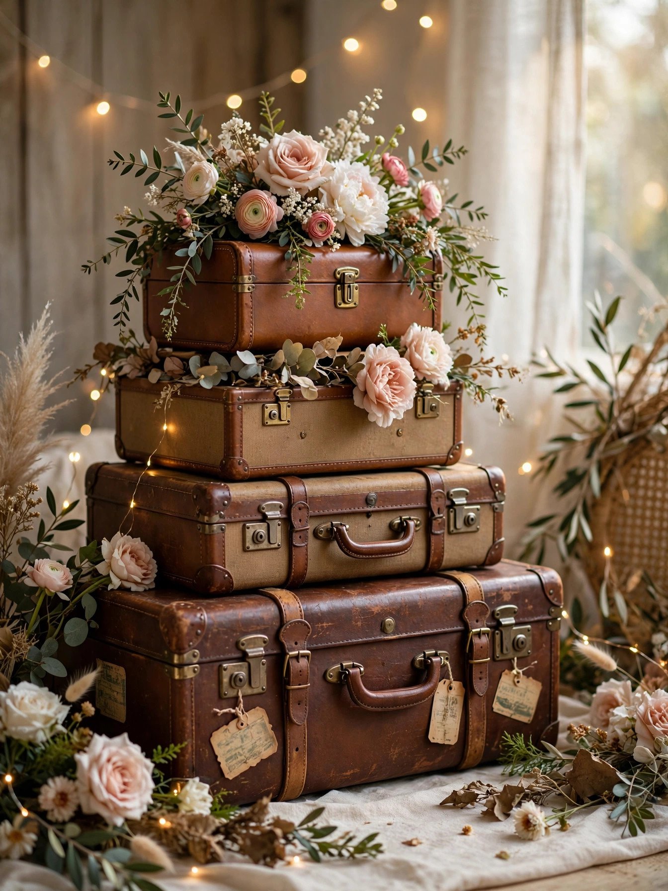 Stacked vintage suitcases decorated with flowers and fairy lights at a bridal shower