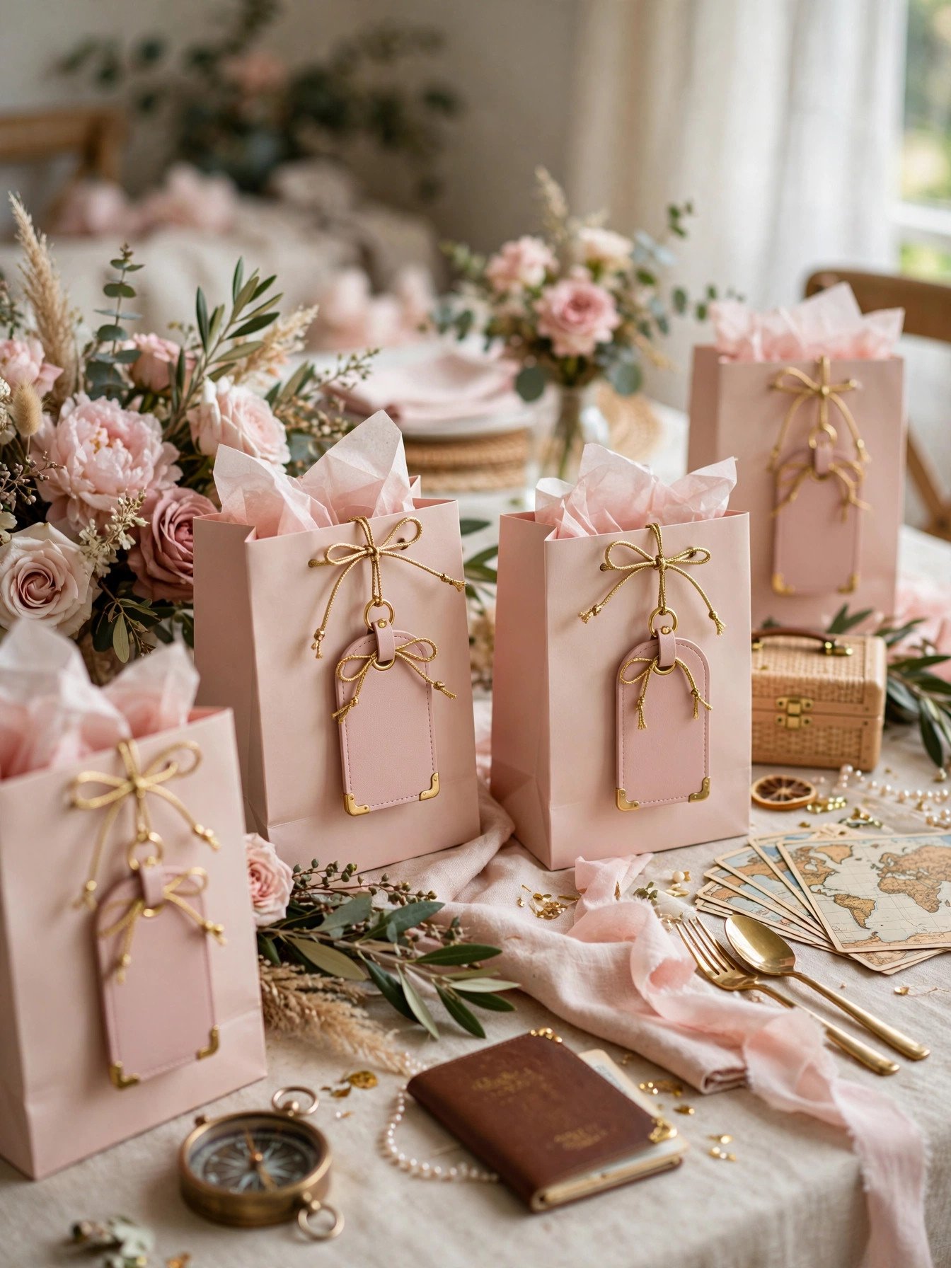 Personalized luggage tag party favors at a travel themed bridal shower