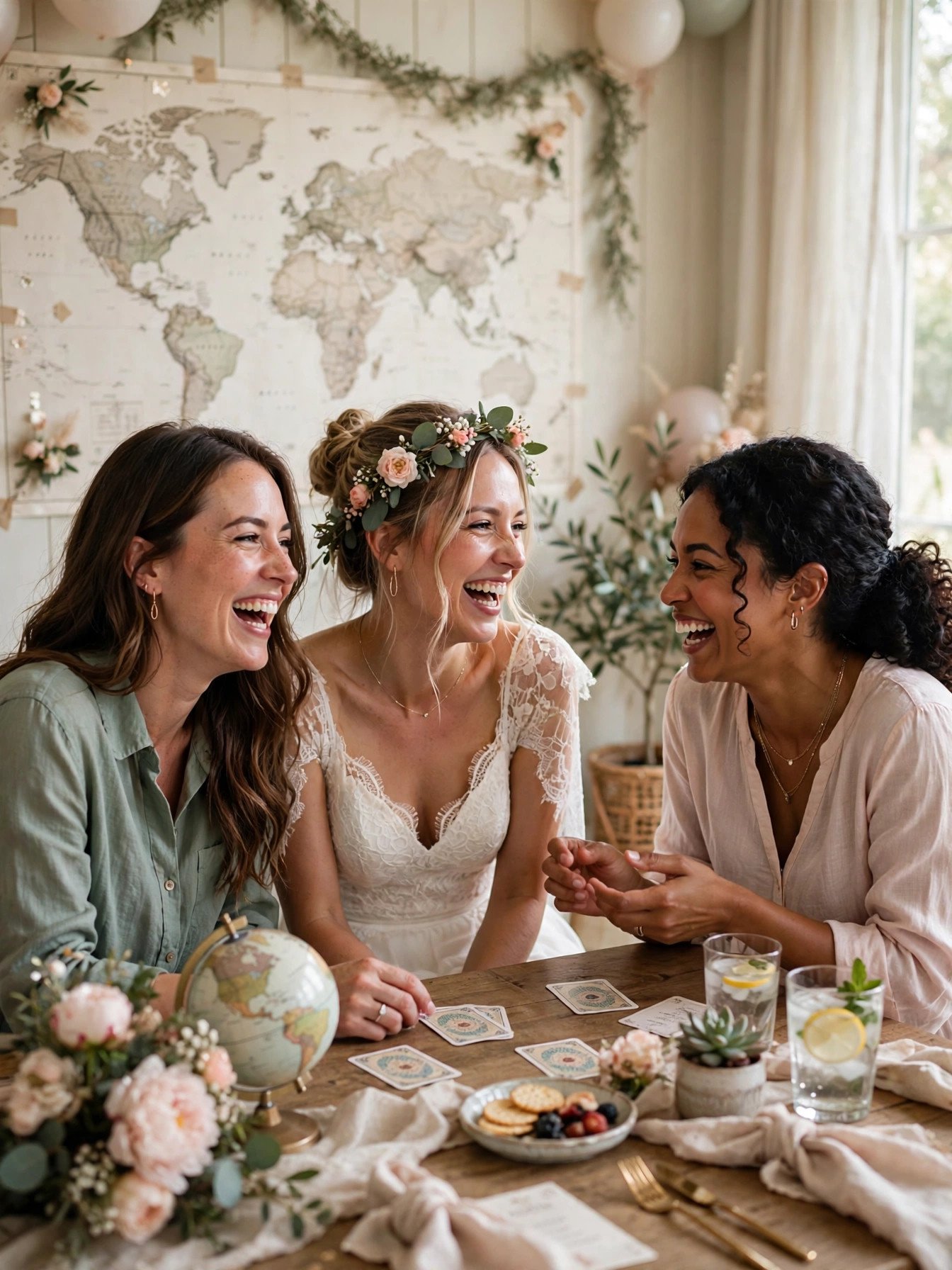 Guests playing travel trivia at a bridal shower with a world map on the wall