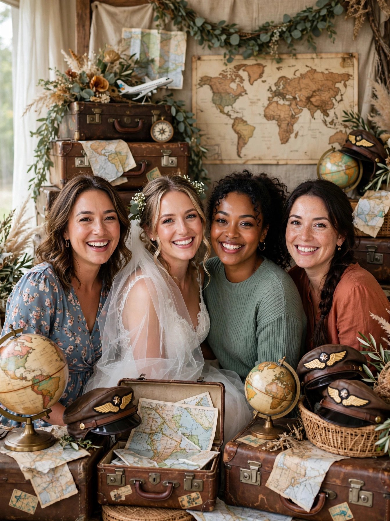 Travel themed photo booth with suitcases globes and map props at a bridal shower