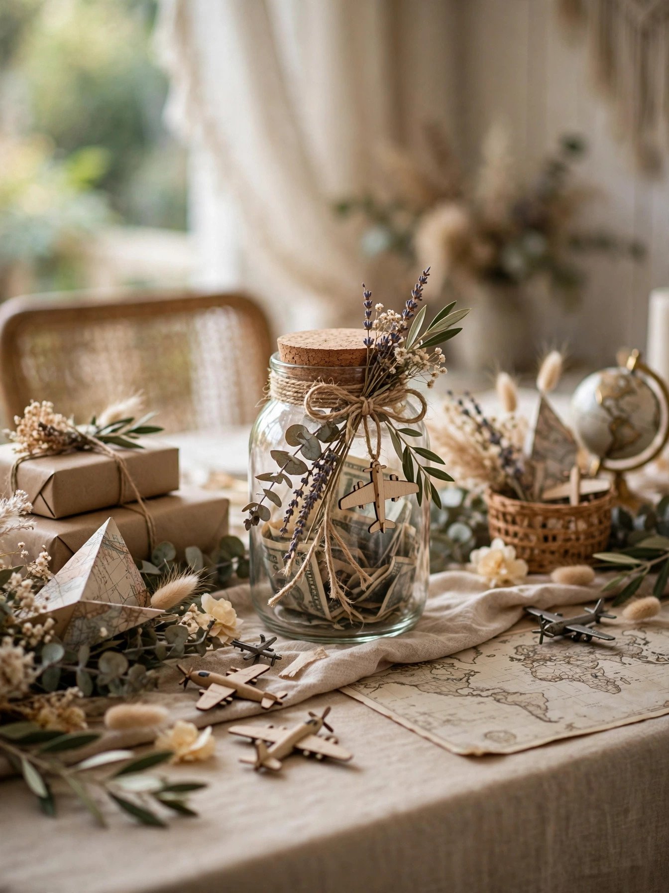 Decorated honeymoon fund jar on a gift table at a travel themed bridal shower