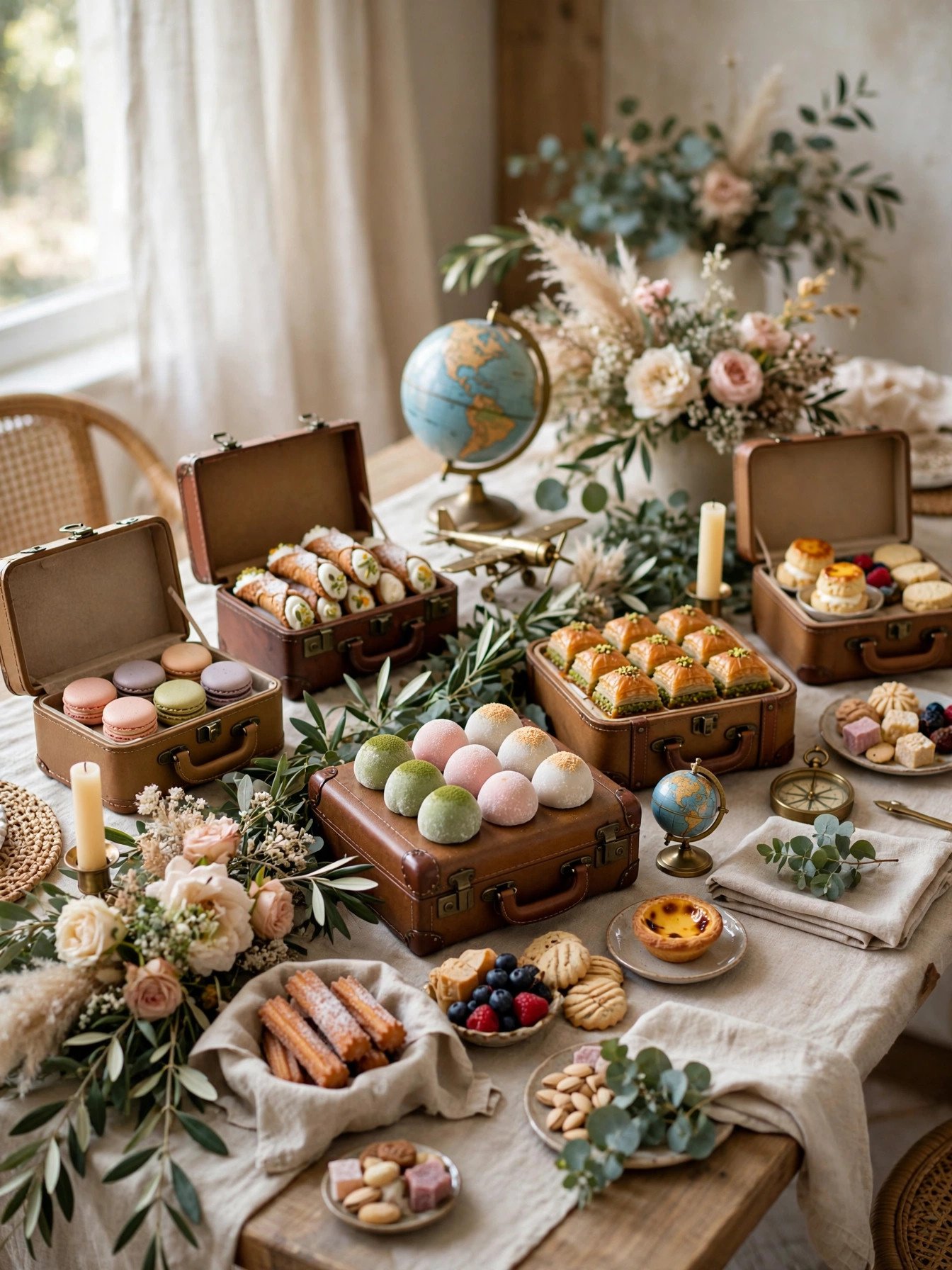 Around the world dessert table with international sweets at a bridal shower