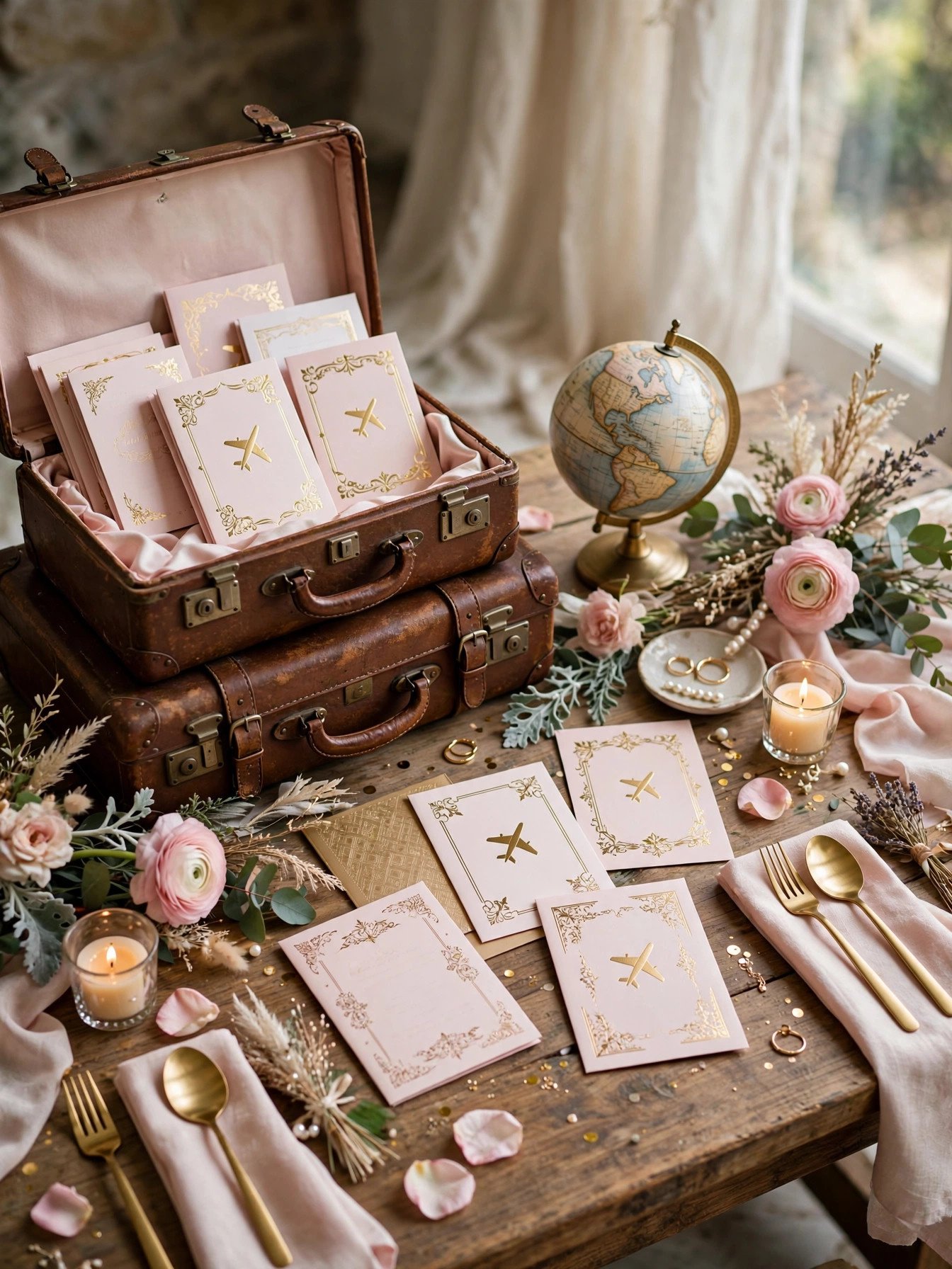 Travel themed bridal shower table with vintage suitcases, globe and passport invitations