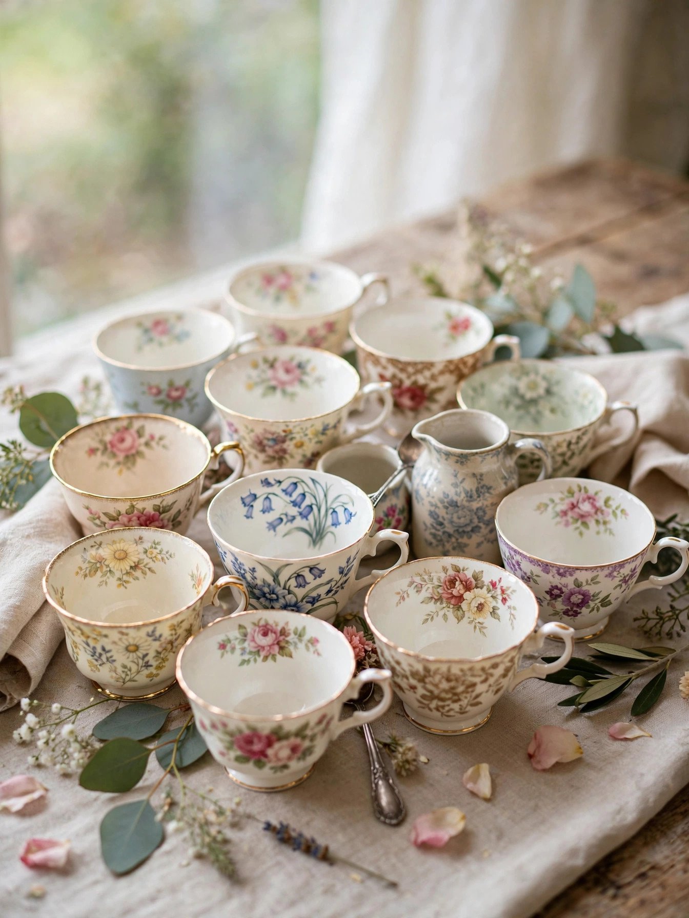 Collection of mismatched thrifted vintage teacups for a budget tea party