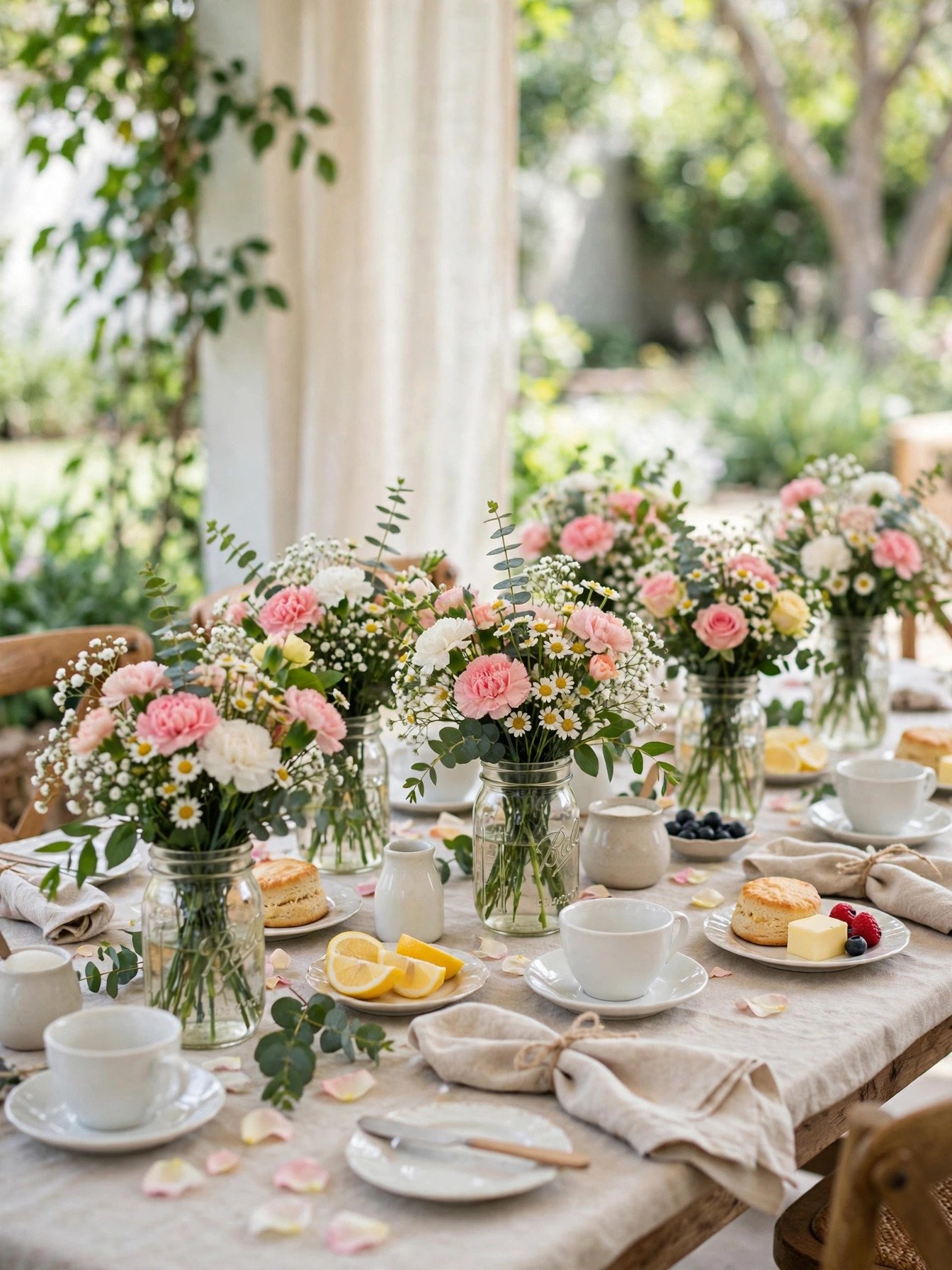 Grocery-store flowers arranged in mason jars on a budget tea party table