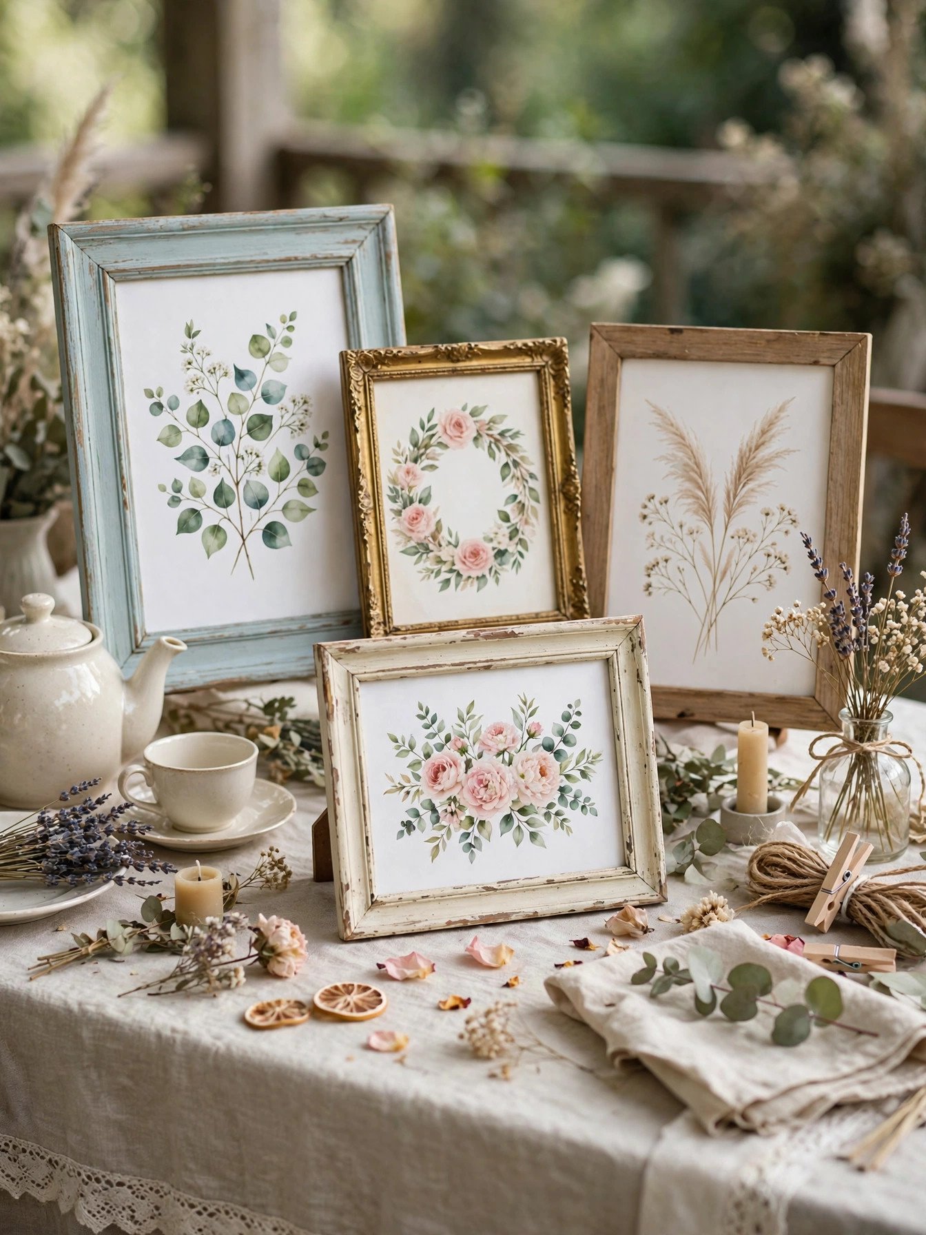 Printable party signs in thrifted frames on a tea party table