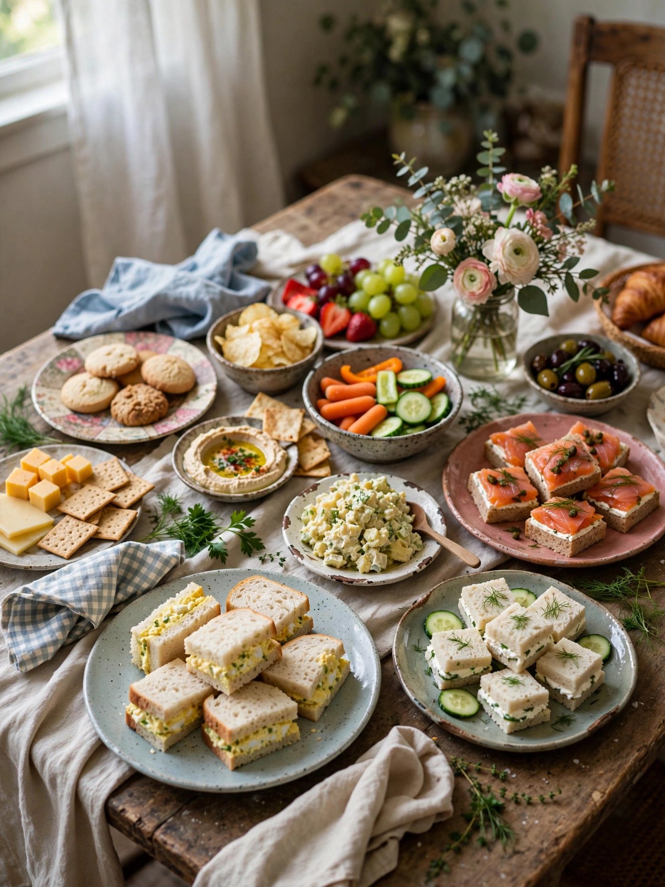 Homemade potluck tea sandwiches and finger foods on a budget shower table