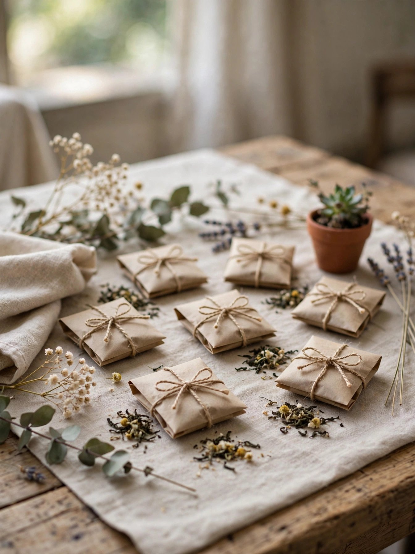 Budget tea bag favors in kraft paper packets tied with twine