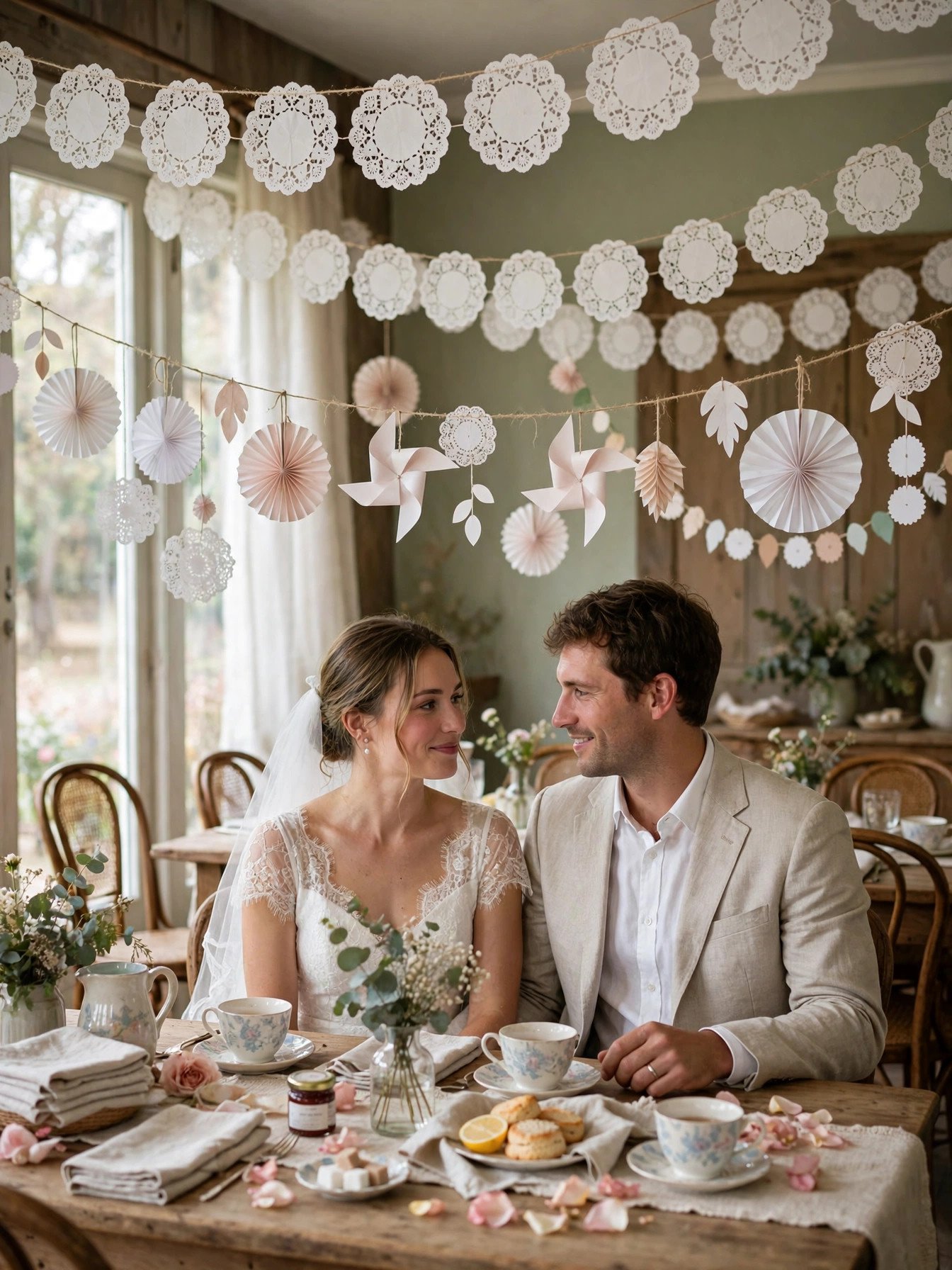 White paper doily garlands hanging over a tea party table