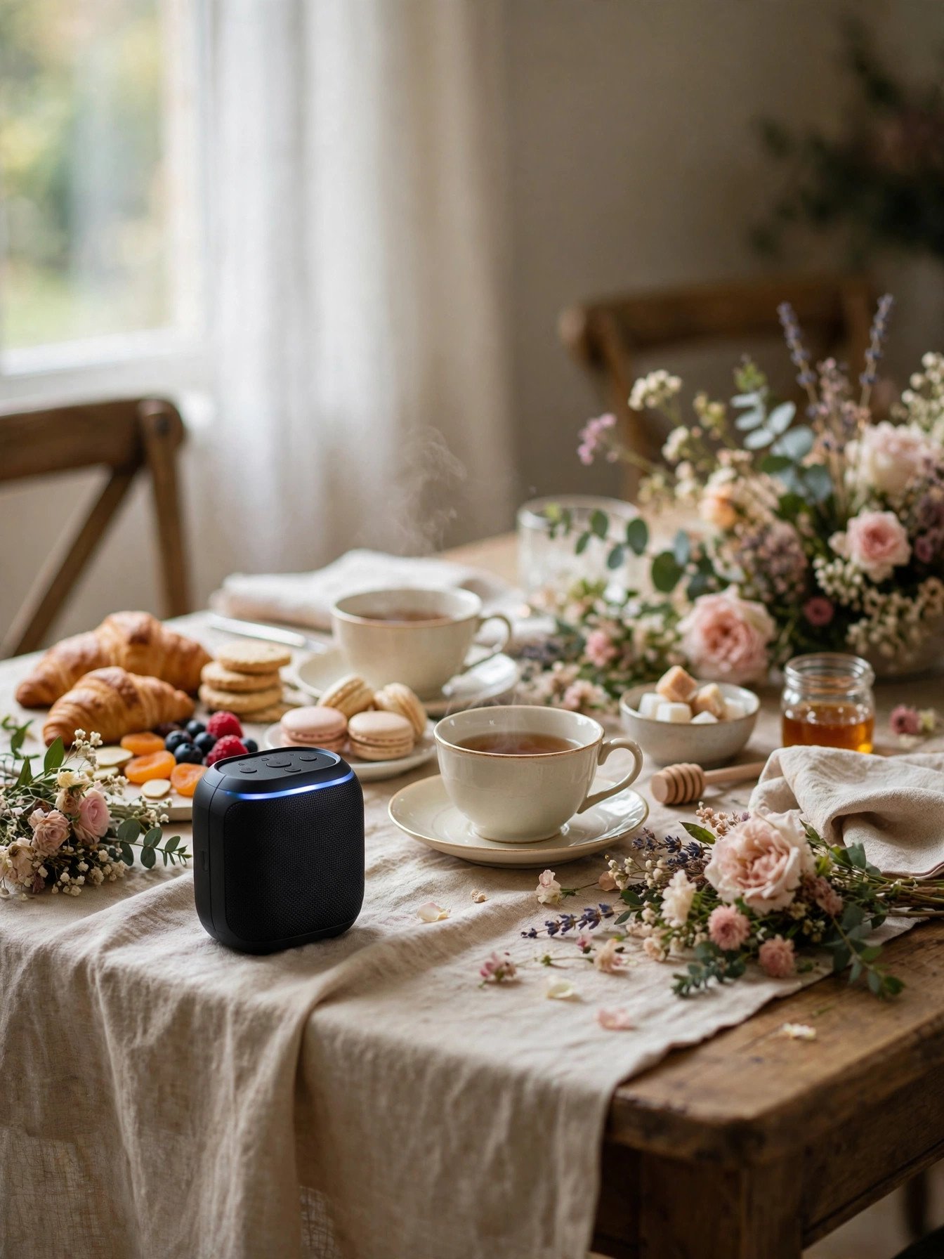 Small speaker playing a curated playlist beside teacups at a tea party