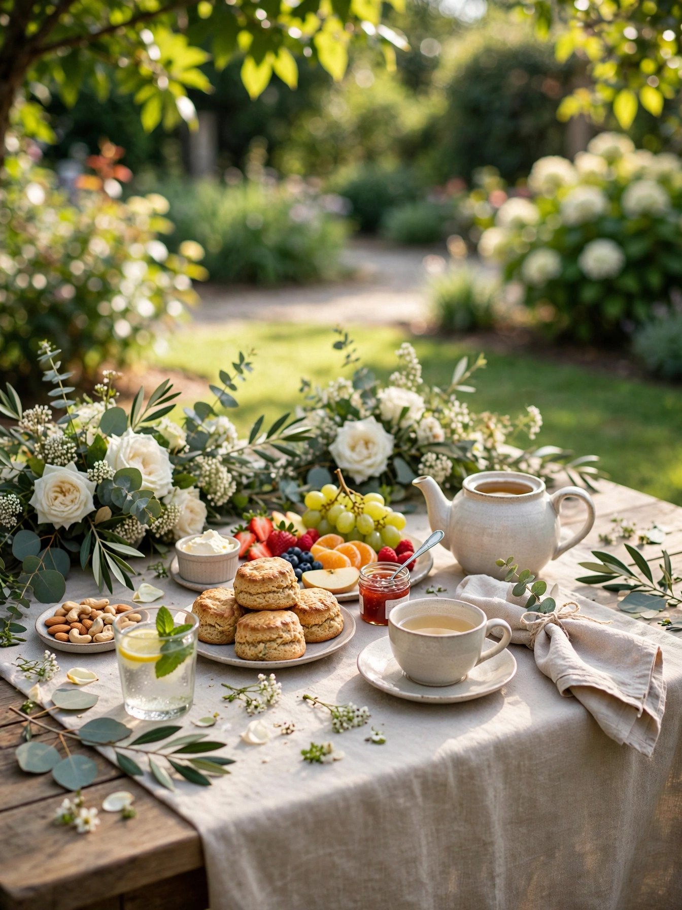 Afternoon tea spread with light bites, scones and fruit in a sunny garden