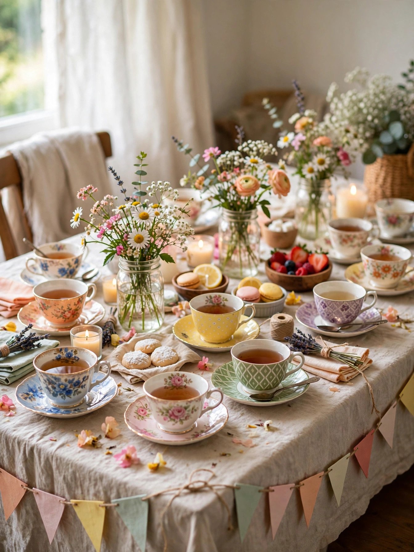 Budget-friendly bridal shower tea party table with mismatched thrifted teacups and simple decorations