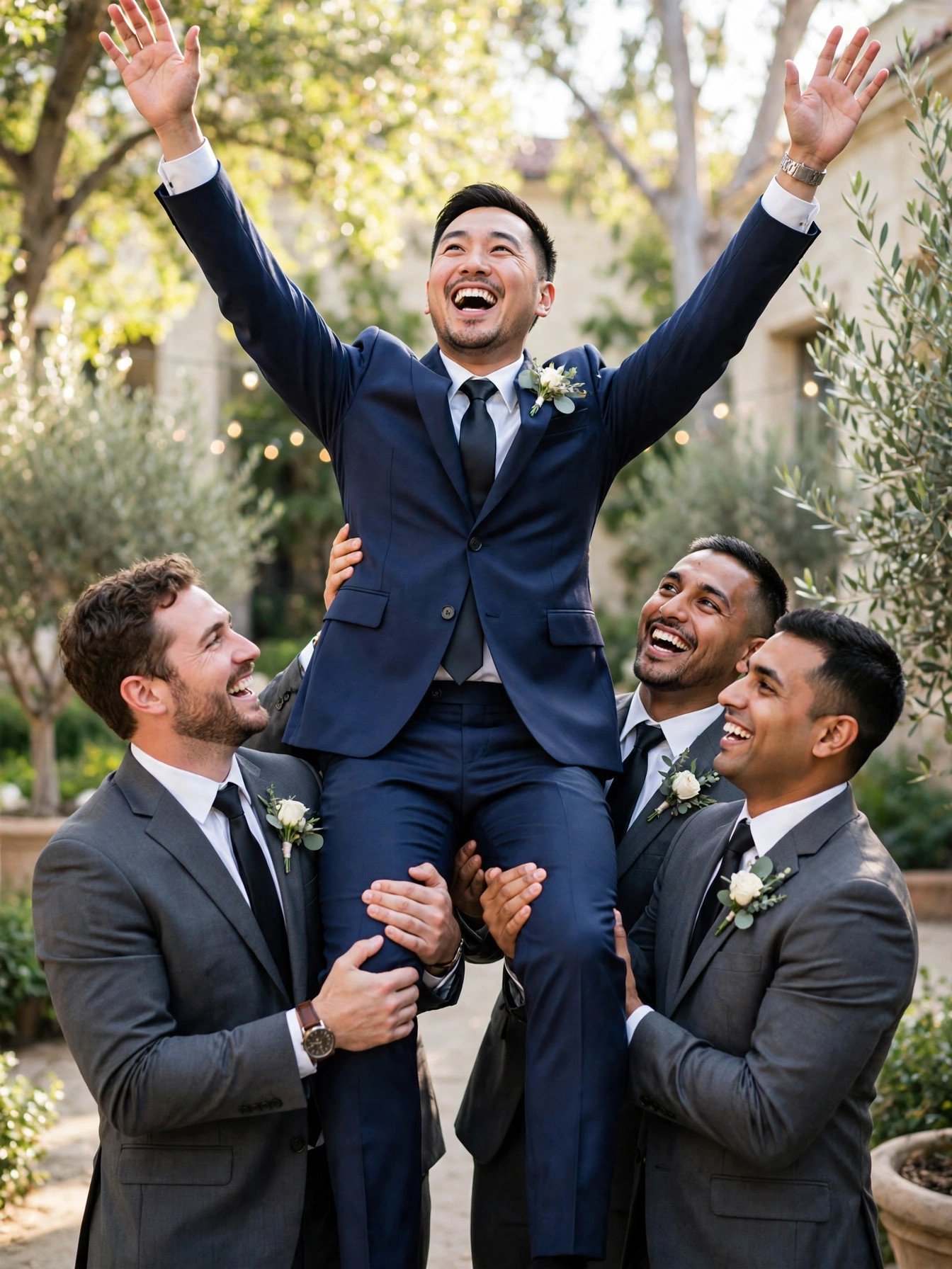 Jubilant groom being lifted playfully by his groomsmen on the wedding morning