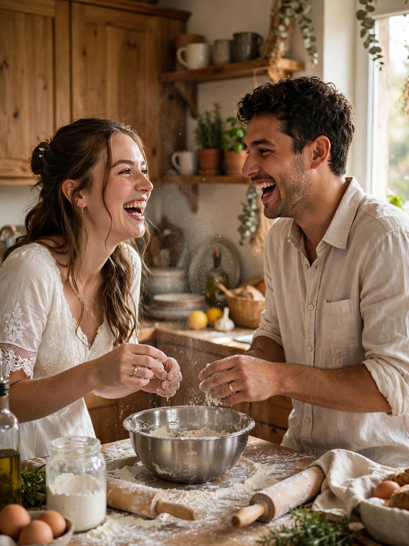 Young married couple laughing together while cooking in a cozy kitchen