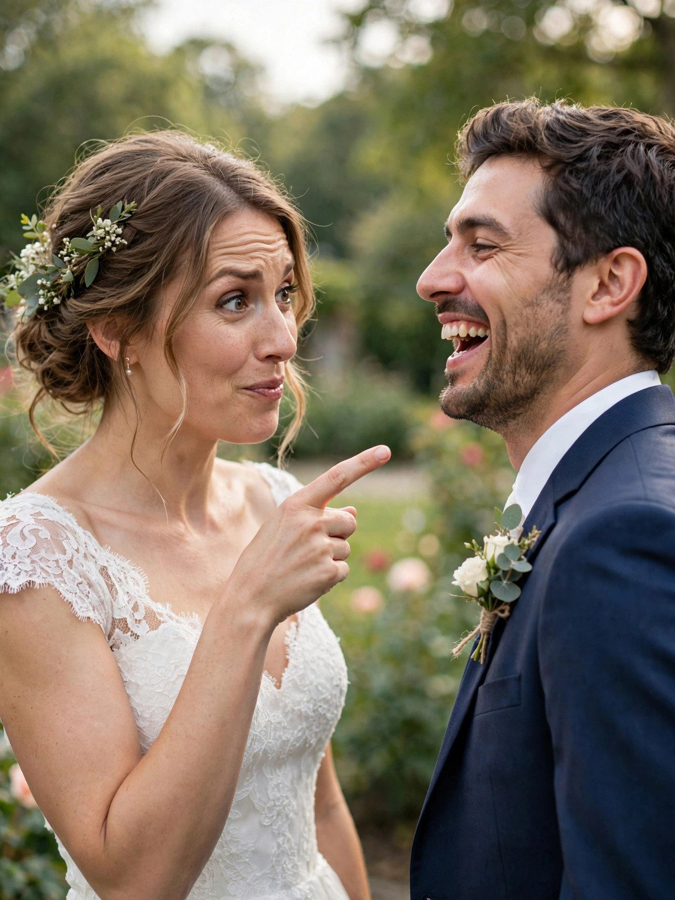 Playful bride teasingly pointing at her laughing groom on their wedding day