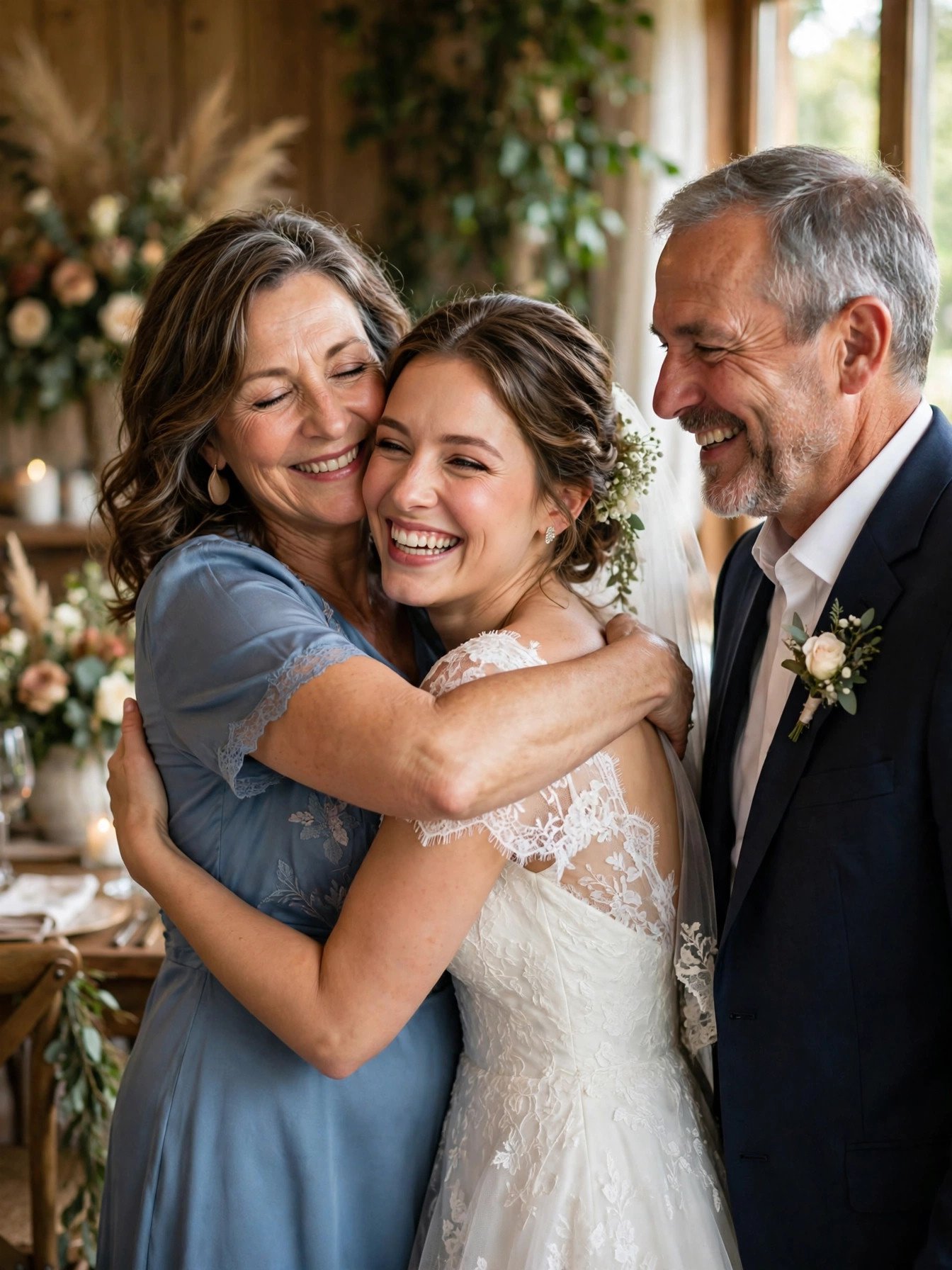 Mother warmly hugging a smiling bride at the wedding reception