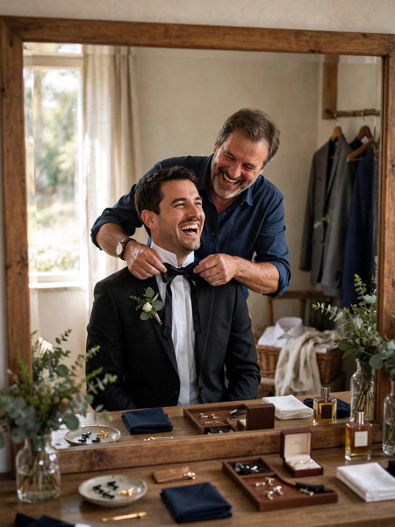 Father teaching his adult son to tie a bow tie at the mirror, both laughing