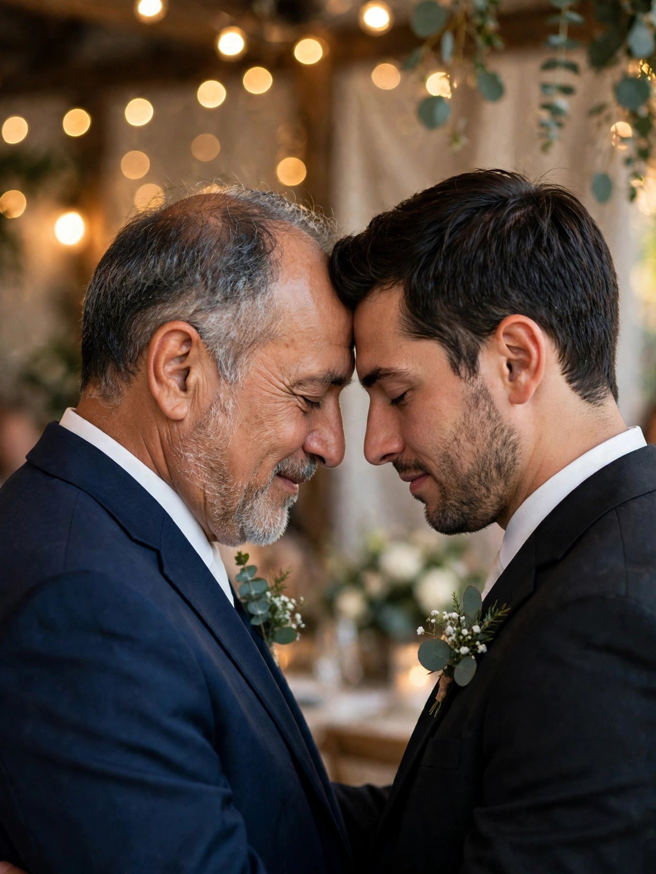 Emotional father and son dance moment at the wedding reception under string lights
