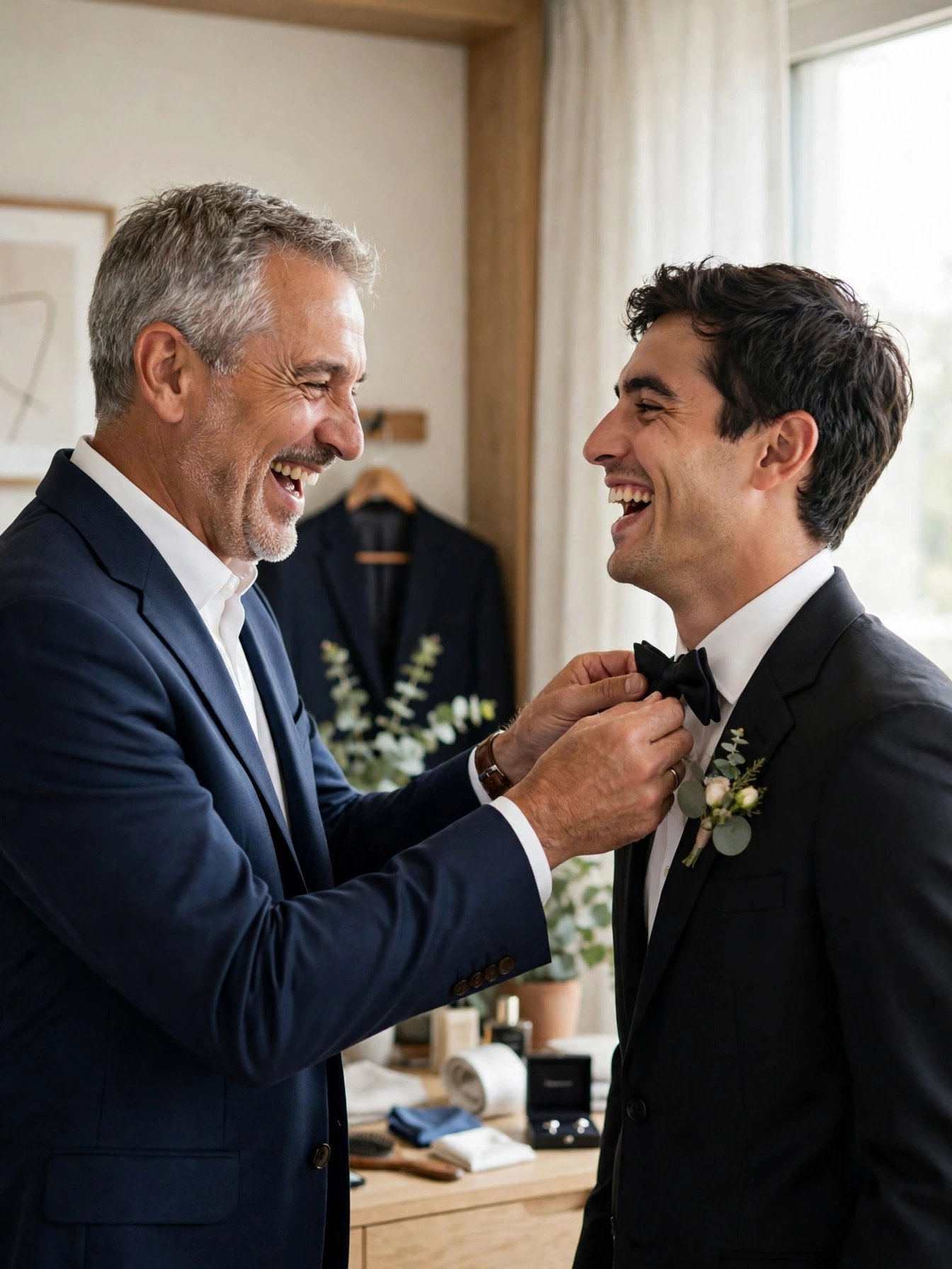 Father and son in wedding suits laughing together in the getting-ready room