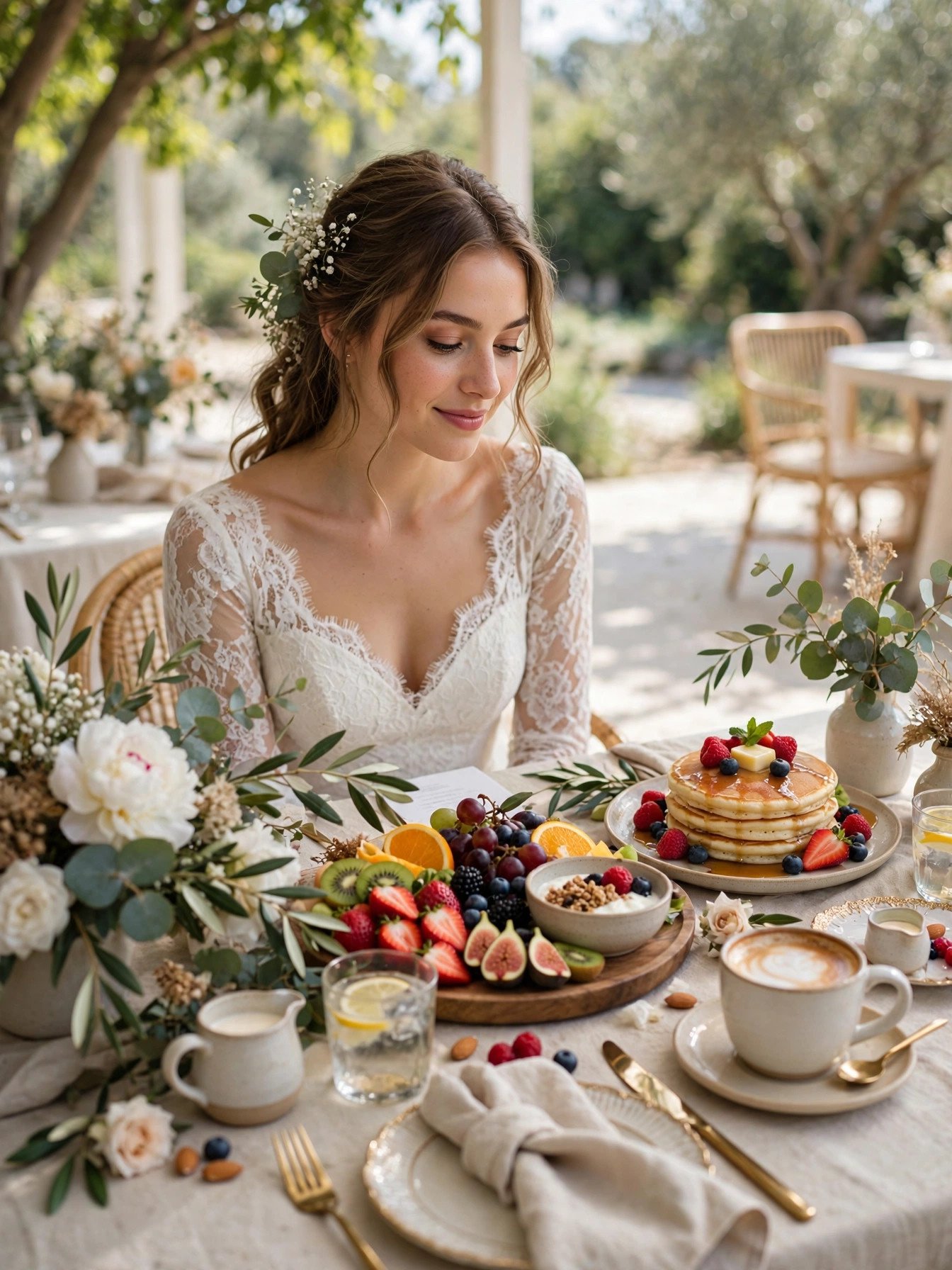 Chic brunch party table with pancakes fruit and coffee for a bridal shower