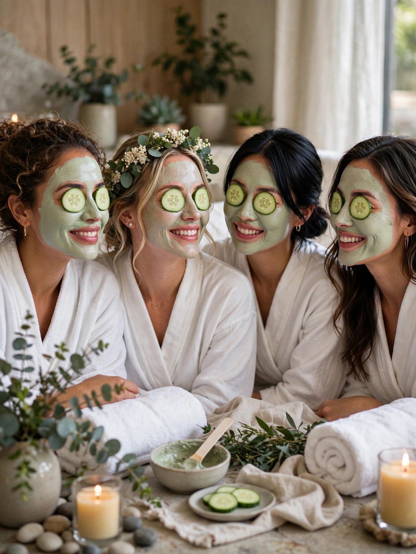 Friends enjoying a spa day with facials at a bridal shower spa party
