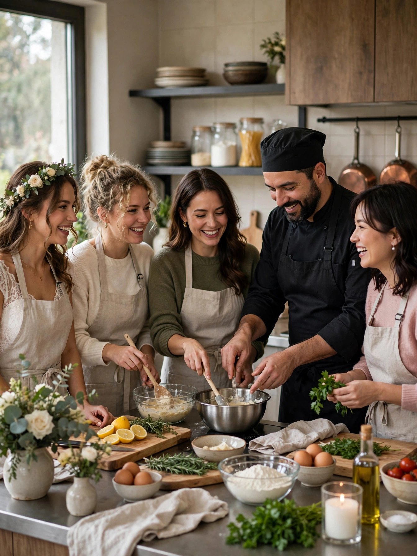 Friends cooking together at a hands-on cooking class bridal shower
