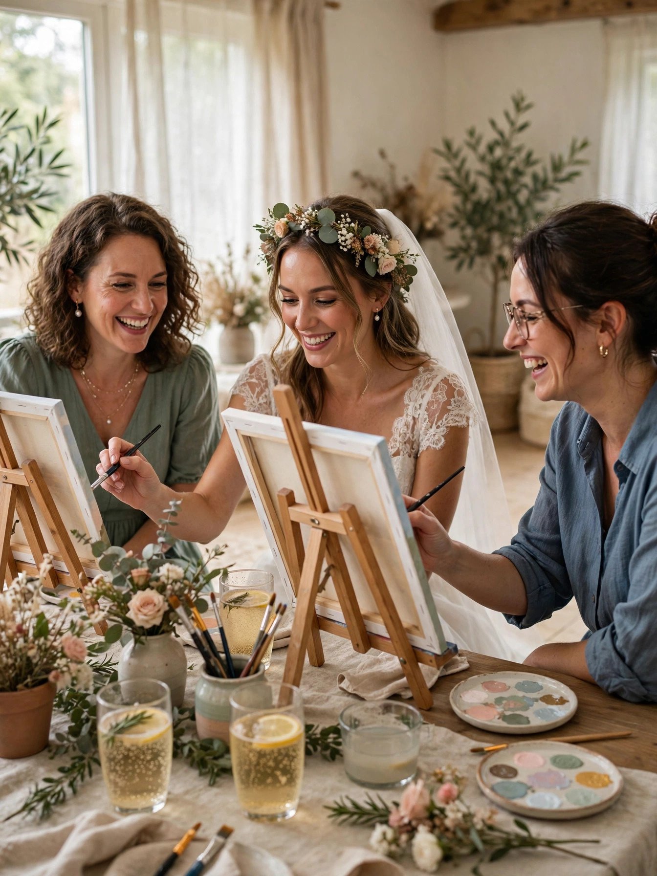 Women painting at easels during a paint and sip bridal shower with sparkling cider