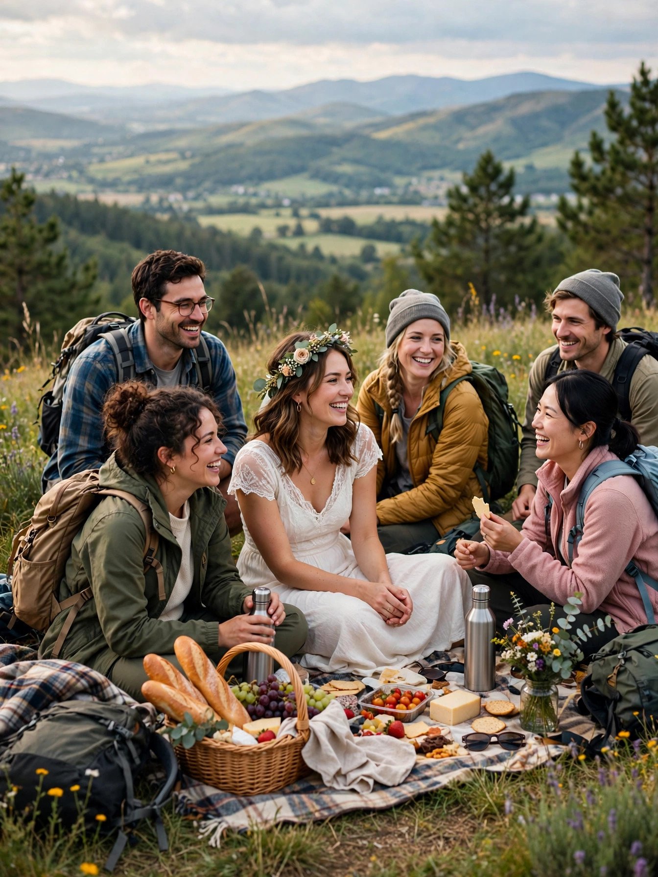 Friends hiking and enjoying a picnic on a scenic hilltop for a bridal shower
