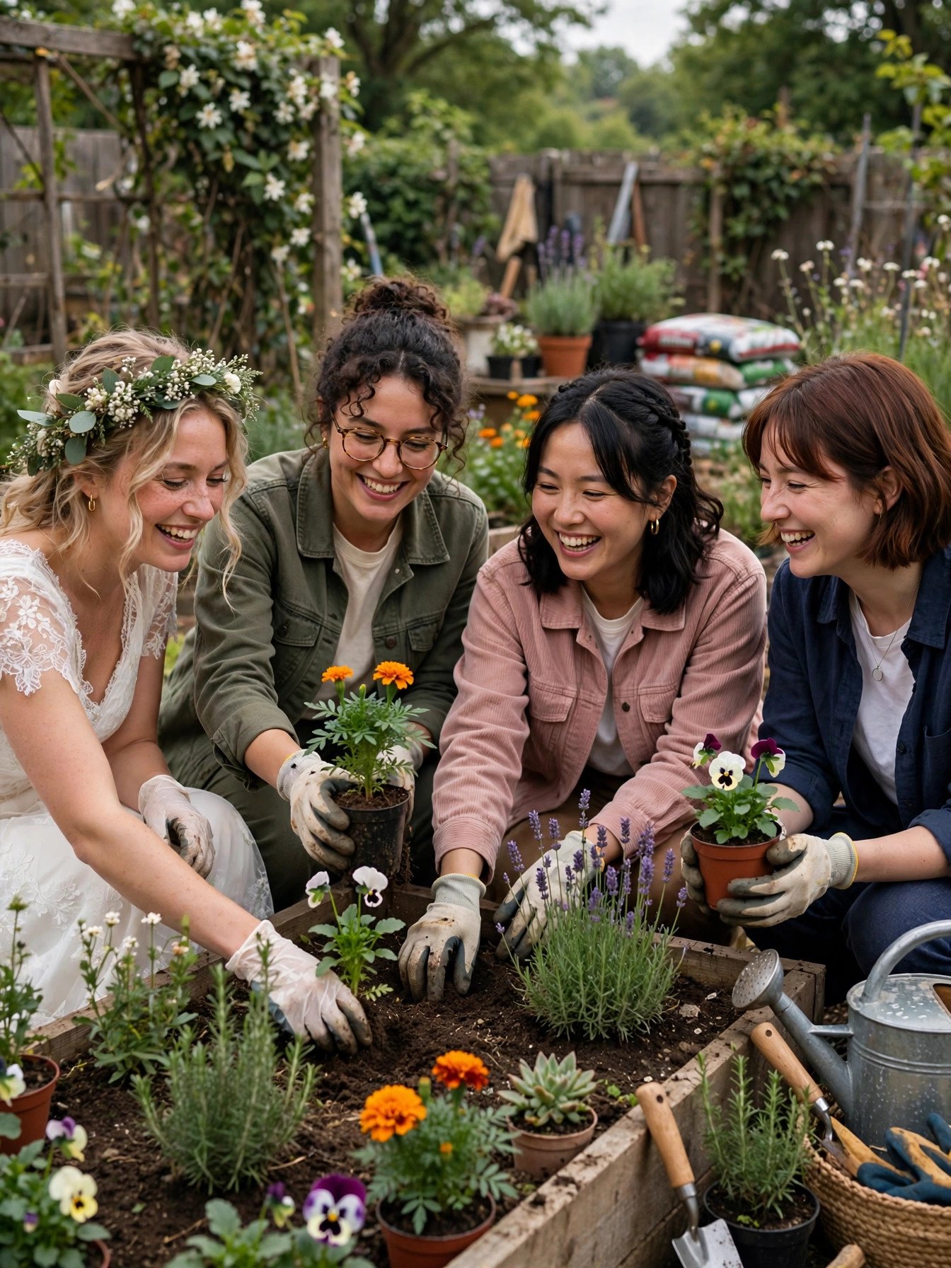 Friends volunteering together planting flowers at a community garden bridal shower