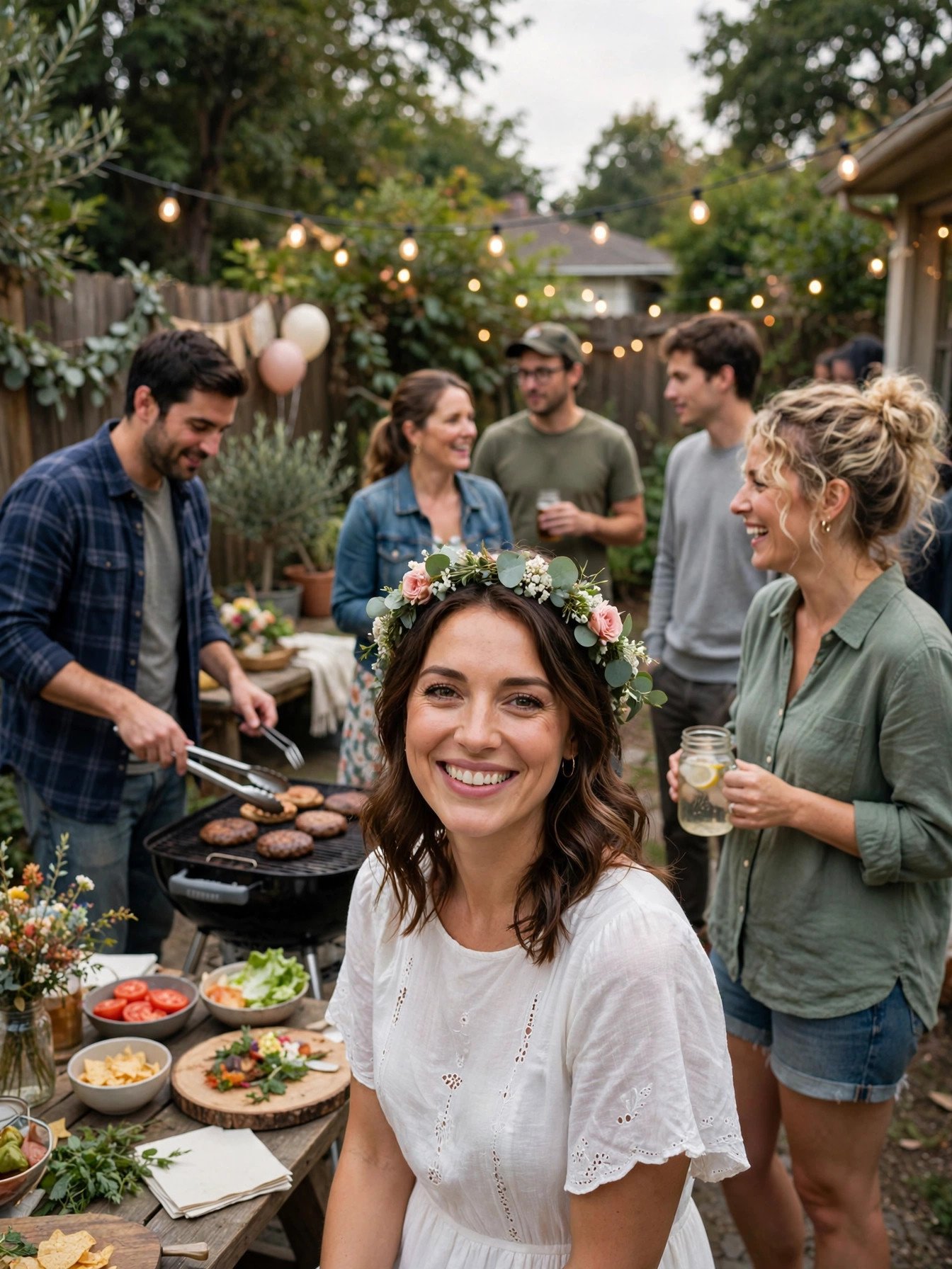 Co-ed backyard barbecue party with friends grilling at an outdoor bridal shower