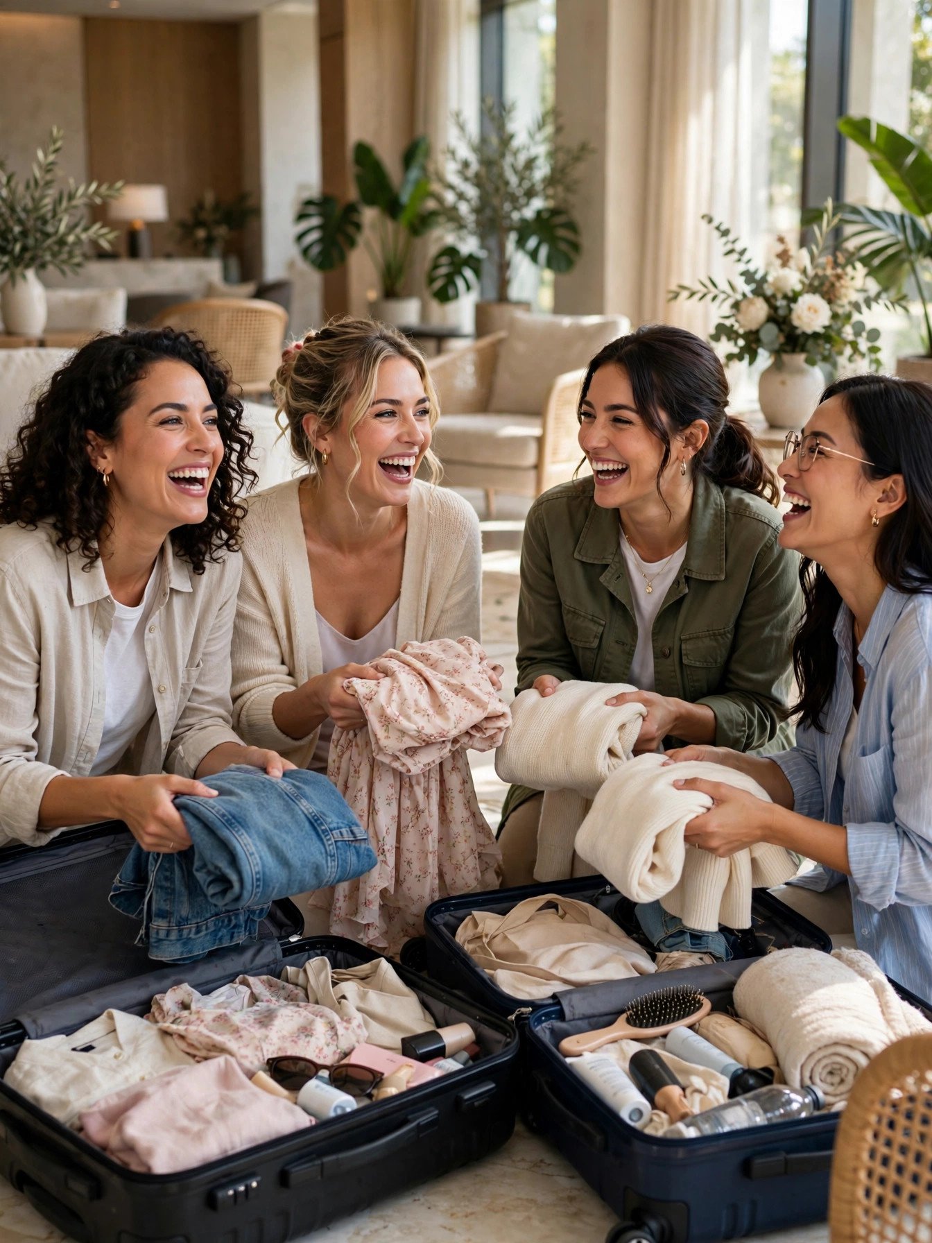 Friends on a weekend getaway trip packing suitcases in a sunny hotel lobby bridal shower