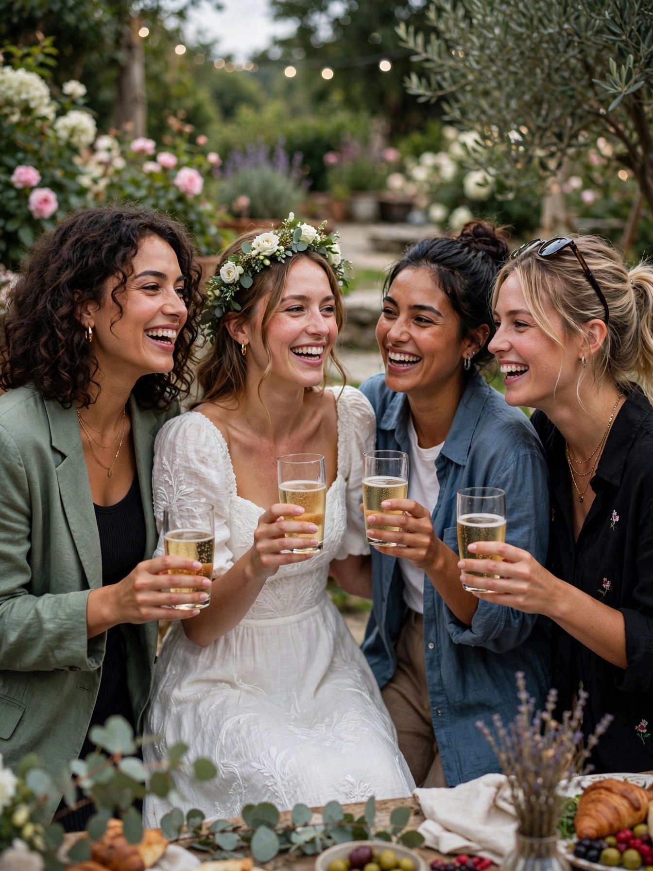 Friends celebrating at a non-traditional outdoor bridal shower party