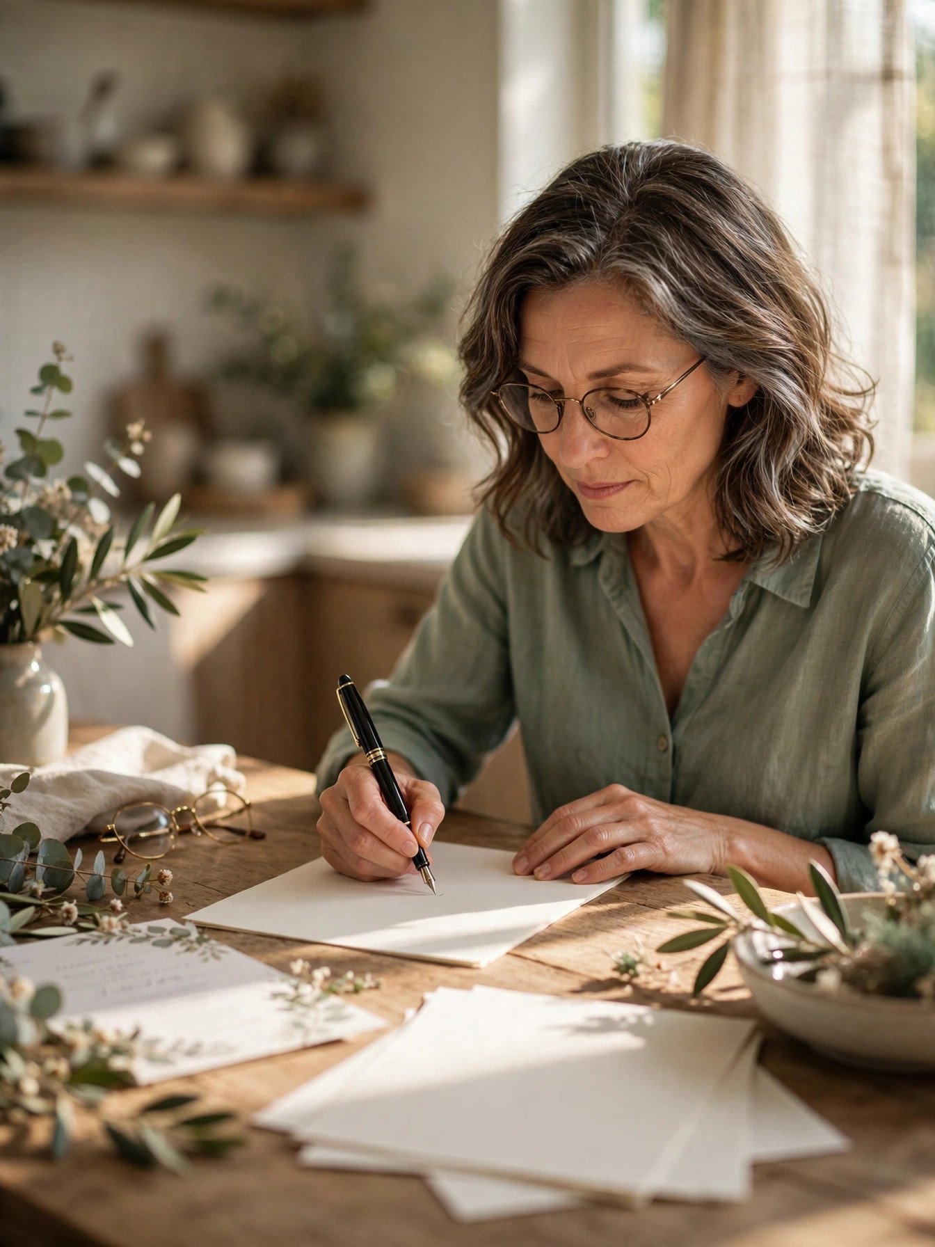 Mother writing her wedding speech draft with a pen at a sunny table